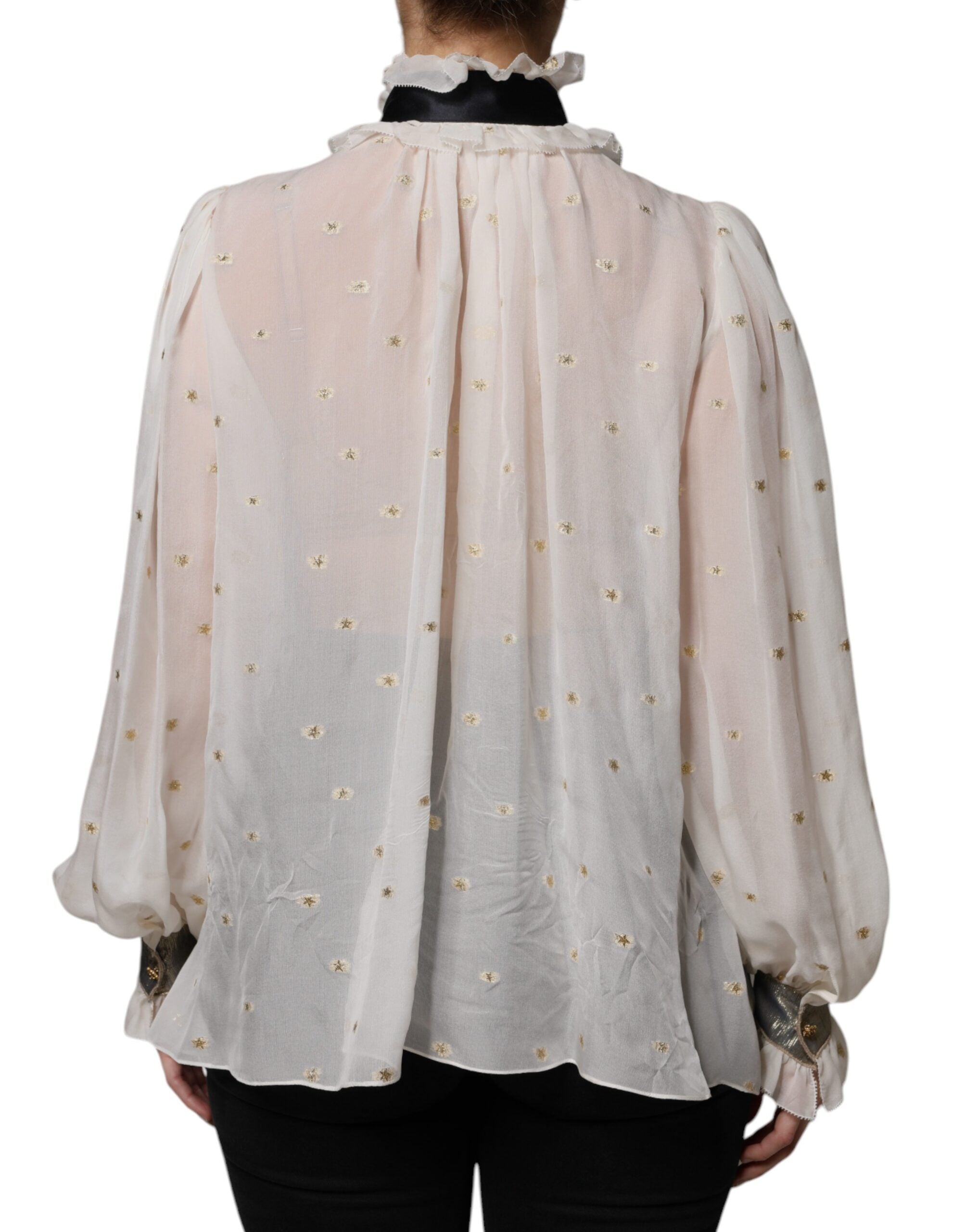Dolce & Gabbana Off White Silk Blend Ascot Collar Blouse Top LUNESCAPE
