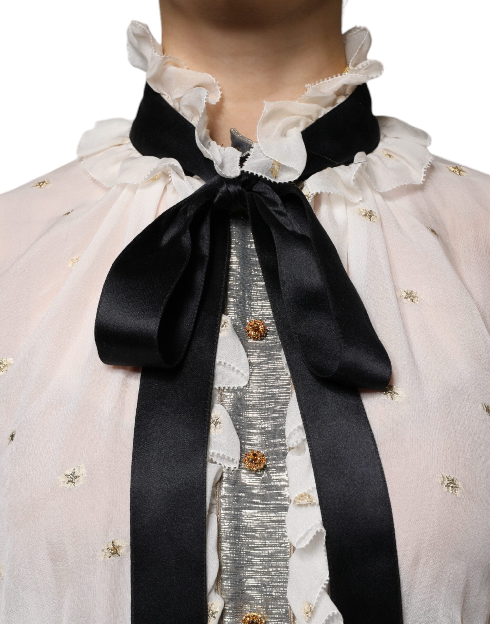 Dolce & Gabbana Off White Silk Blend Ascot Collar Blouse Top LUNESCAPE