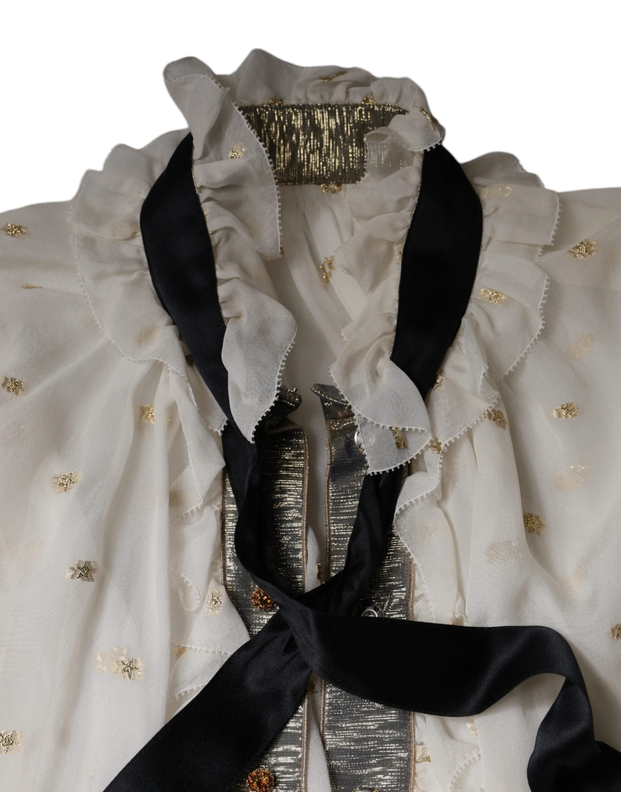 Dolce & Gabbana Off White Silk Blend Ascot Collar Blouse Top LUNESCAPE