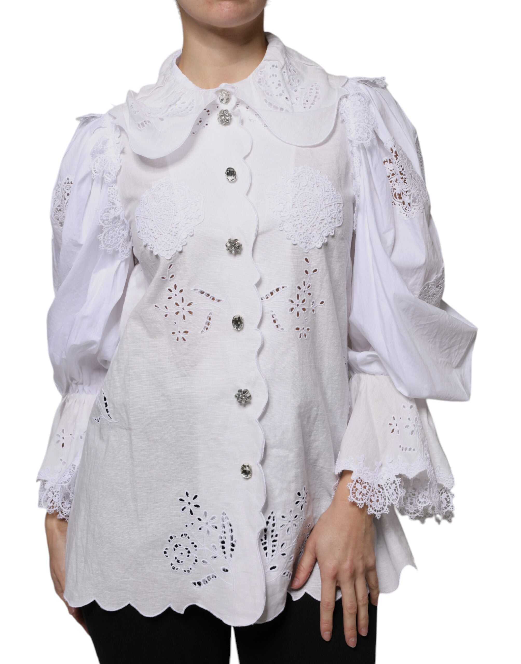 Dolce & Gabbana White Cotton Lace Trim Collared Blouse Top LUNESCAPE