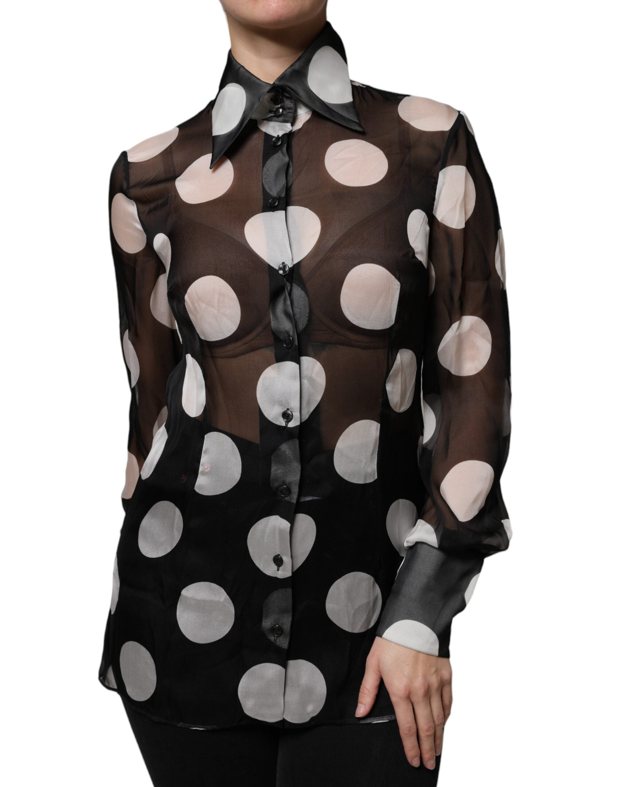 Dolce & Gabbana Black White Polka Dots Silk Long Sleeves Top LUNESCAPE