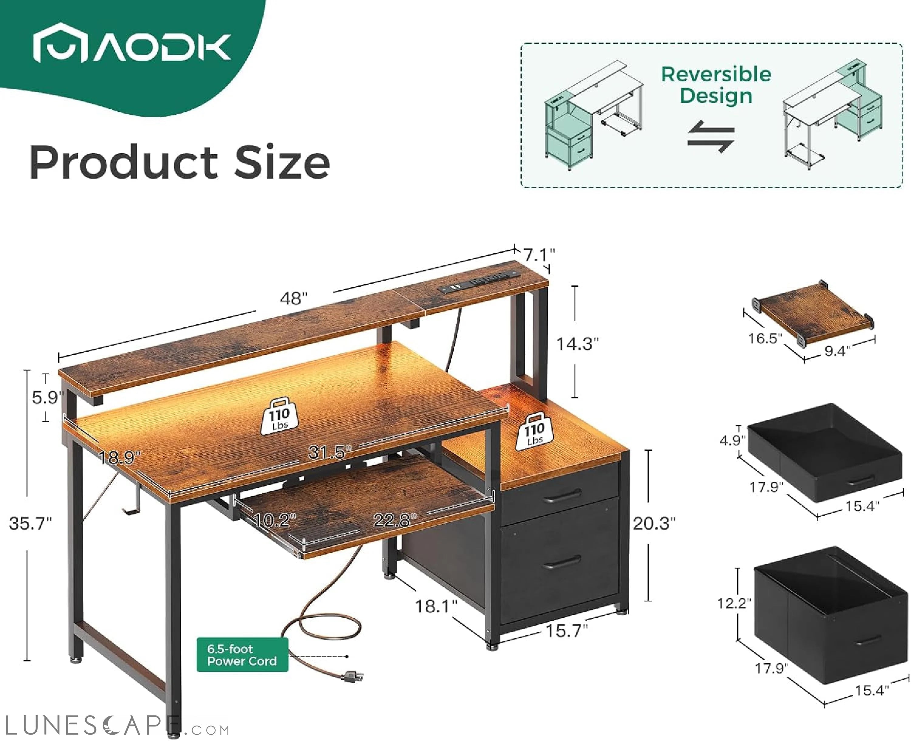 48" Computer Desk with Fabric File Cabinet and Drawer, Reversible LUNESCAPE