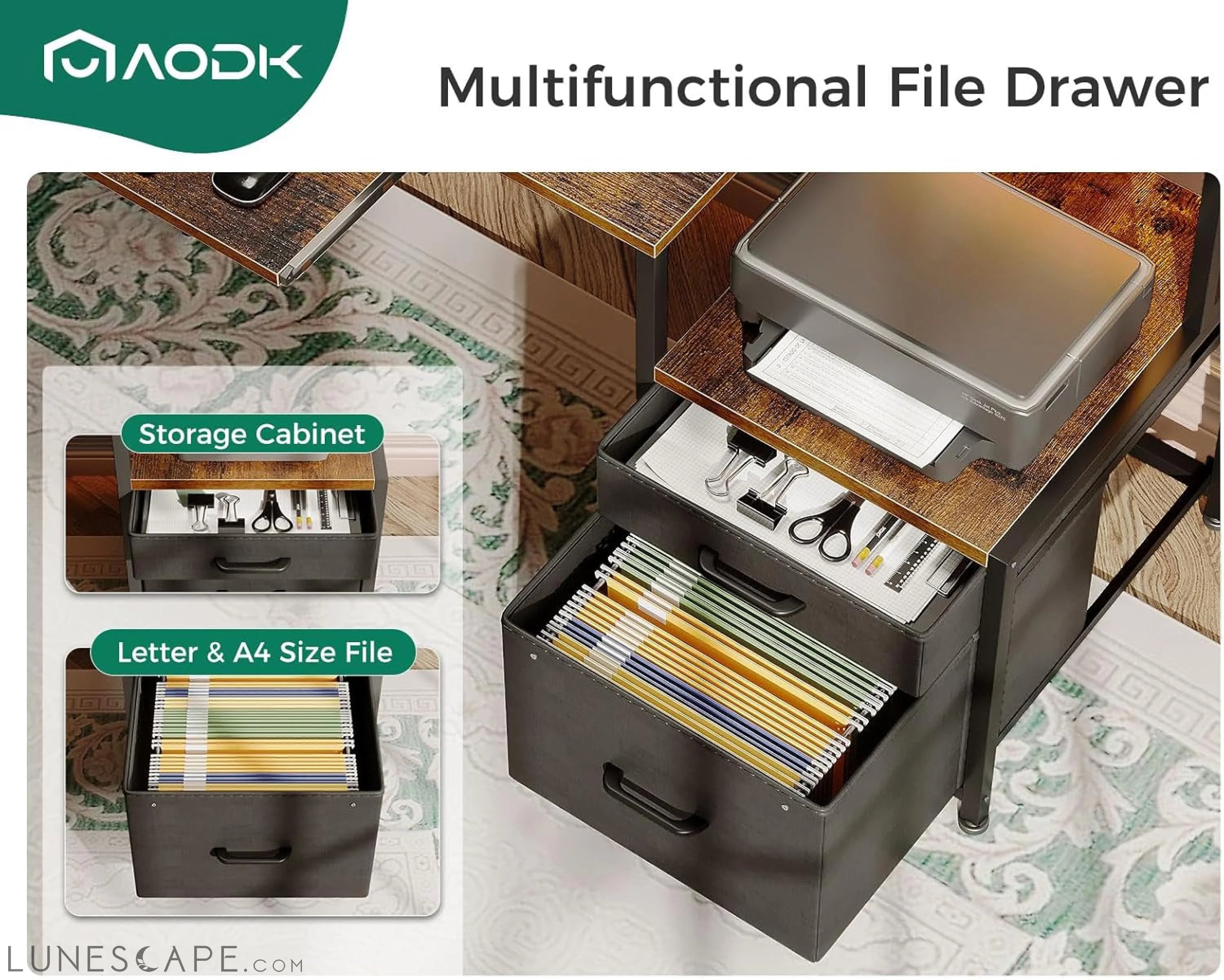48" Computer Desk with Fabric File Cabinet and Drawer, Reversible LUNESCAPE