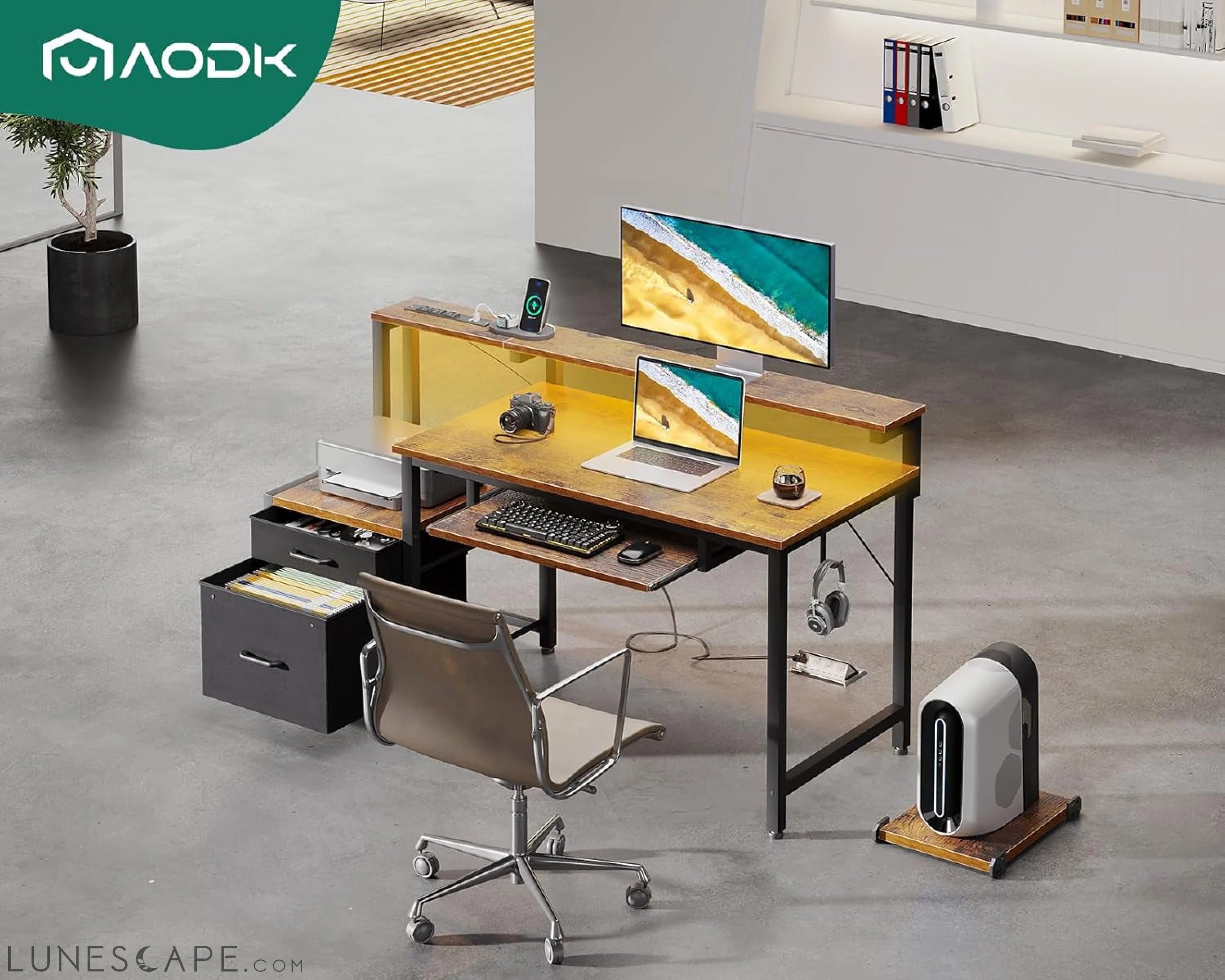 48" Computer Desk with Fabric File Cabinet and Drawer, Reversible LUNESCAPE