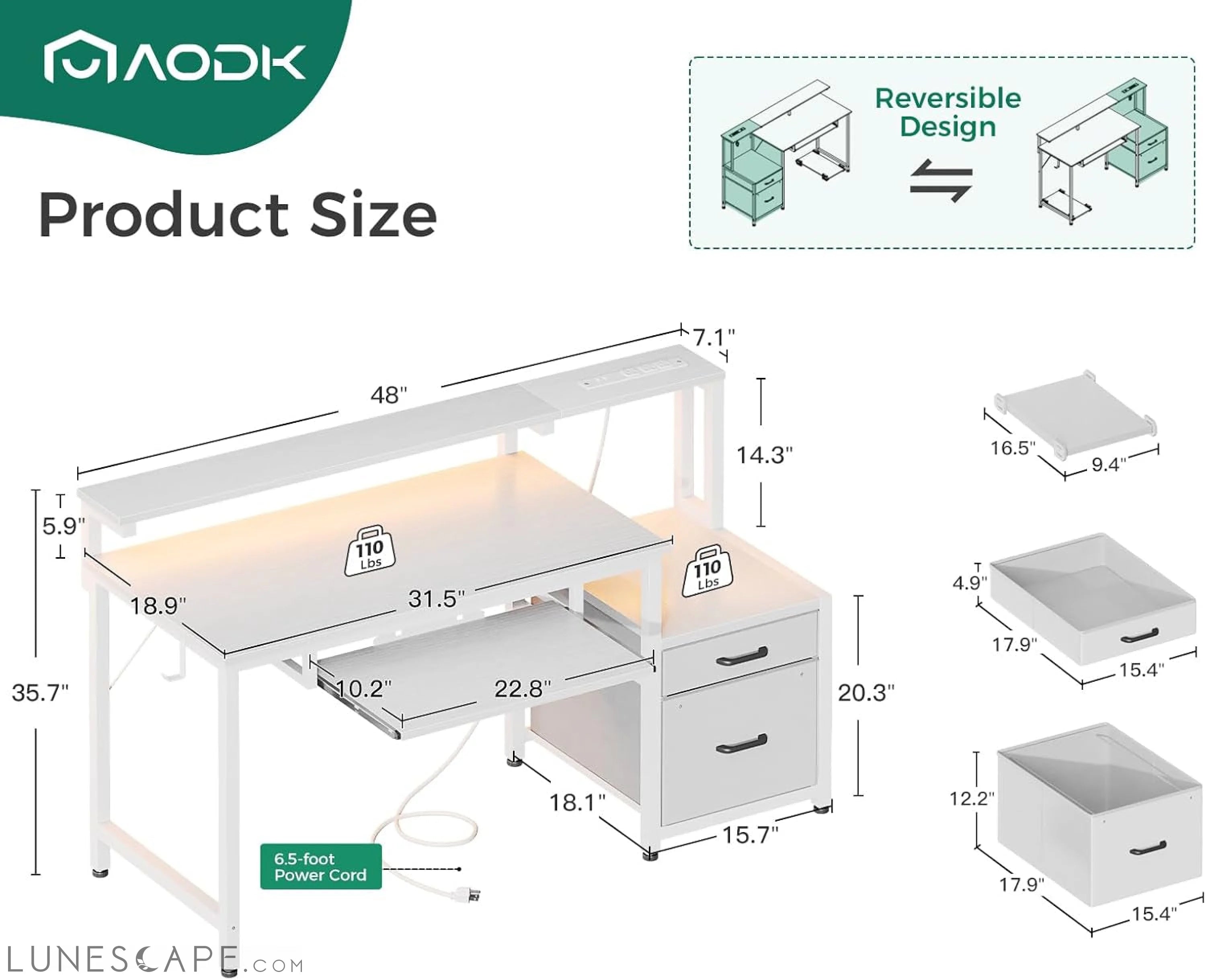 48" Computer Desk with Fabric File Cabinet and Drawer, Reversible LUNESCAPE