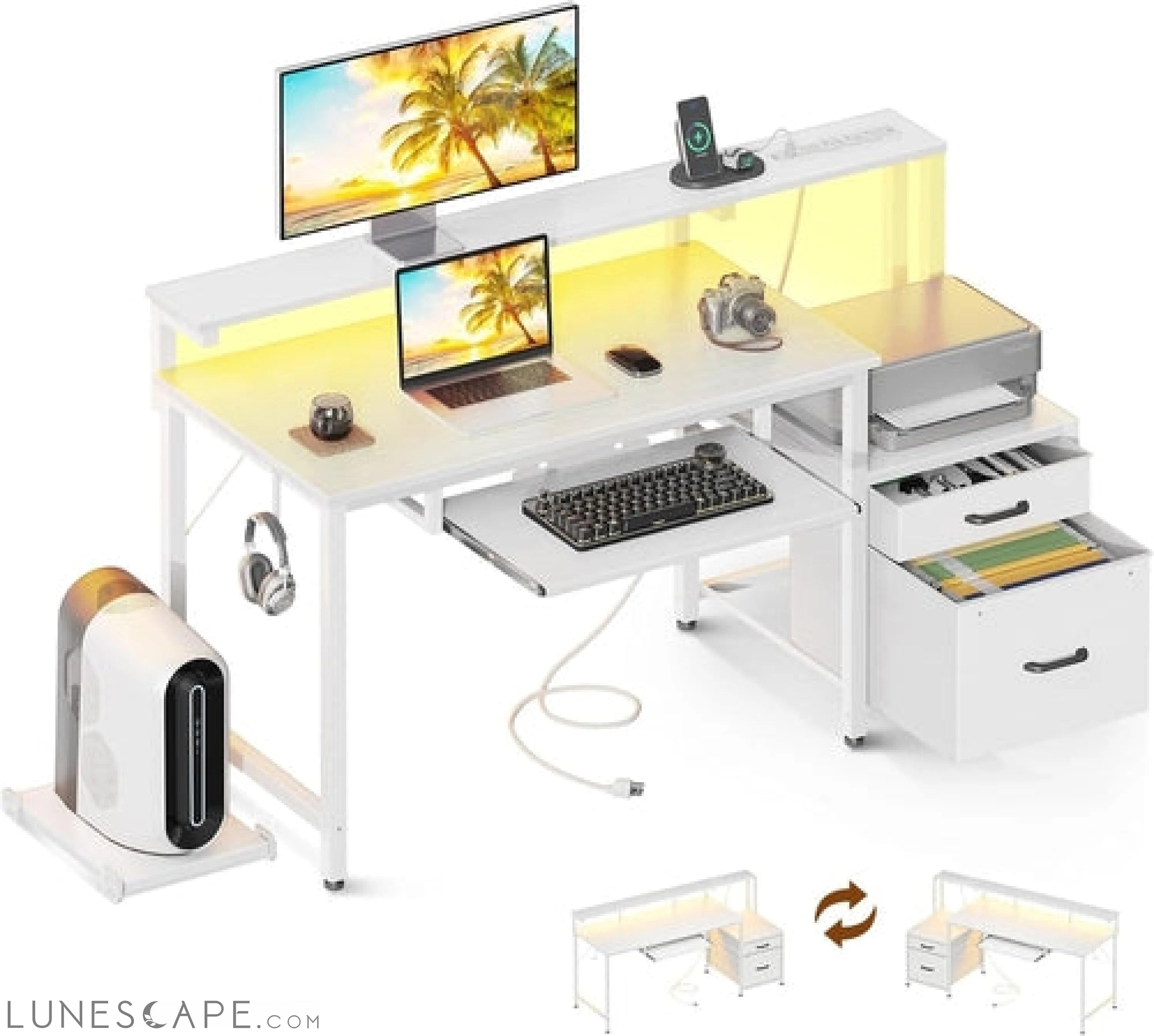 48" Computer Desk with Fabric File Cabinet and Drawer, Reversible LUNESCAPE