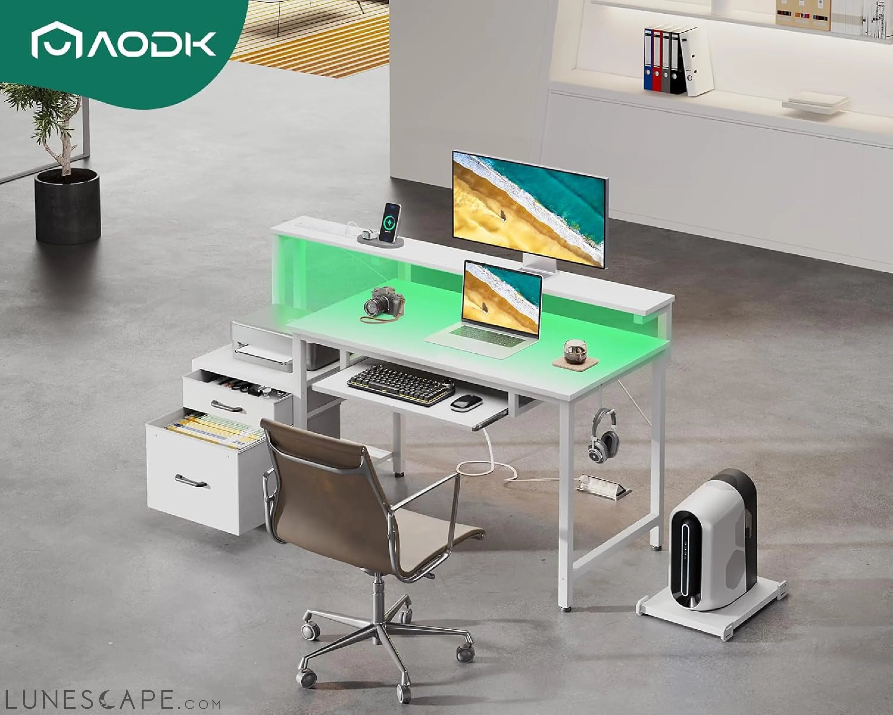 48" Computer Desk with Fabric File Cabinet and Drawer, Reversible LUNESCAPE