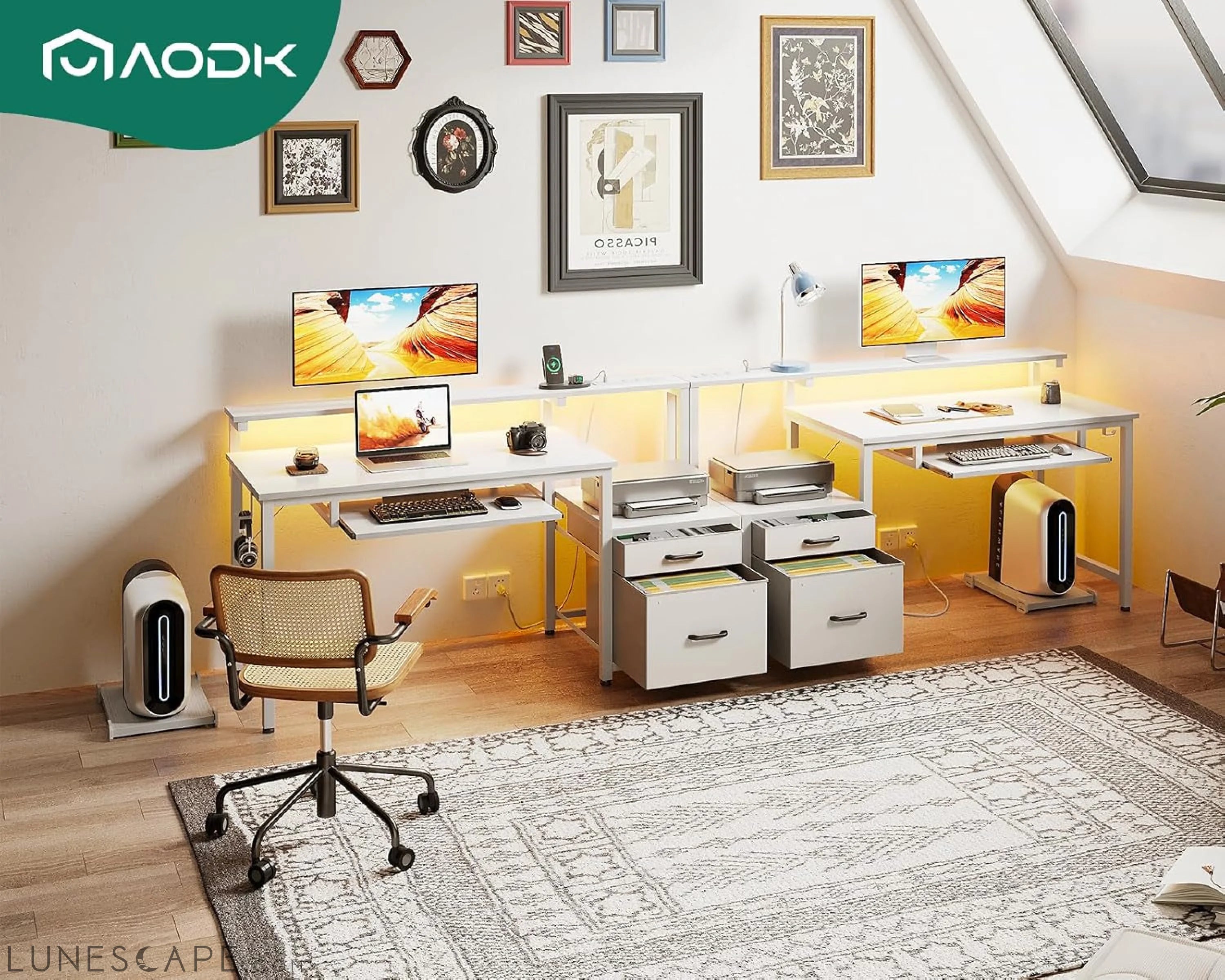 48" Computer Desk with Fabric File Cabinet and Drawer, Reversible LUNESCAPE