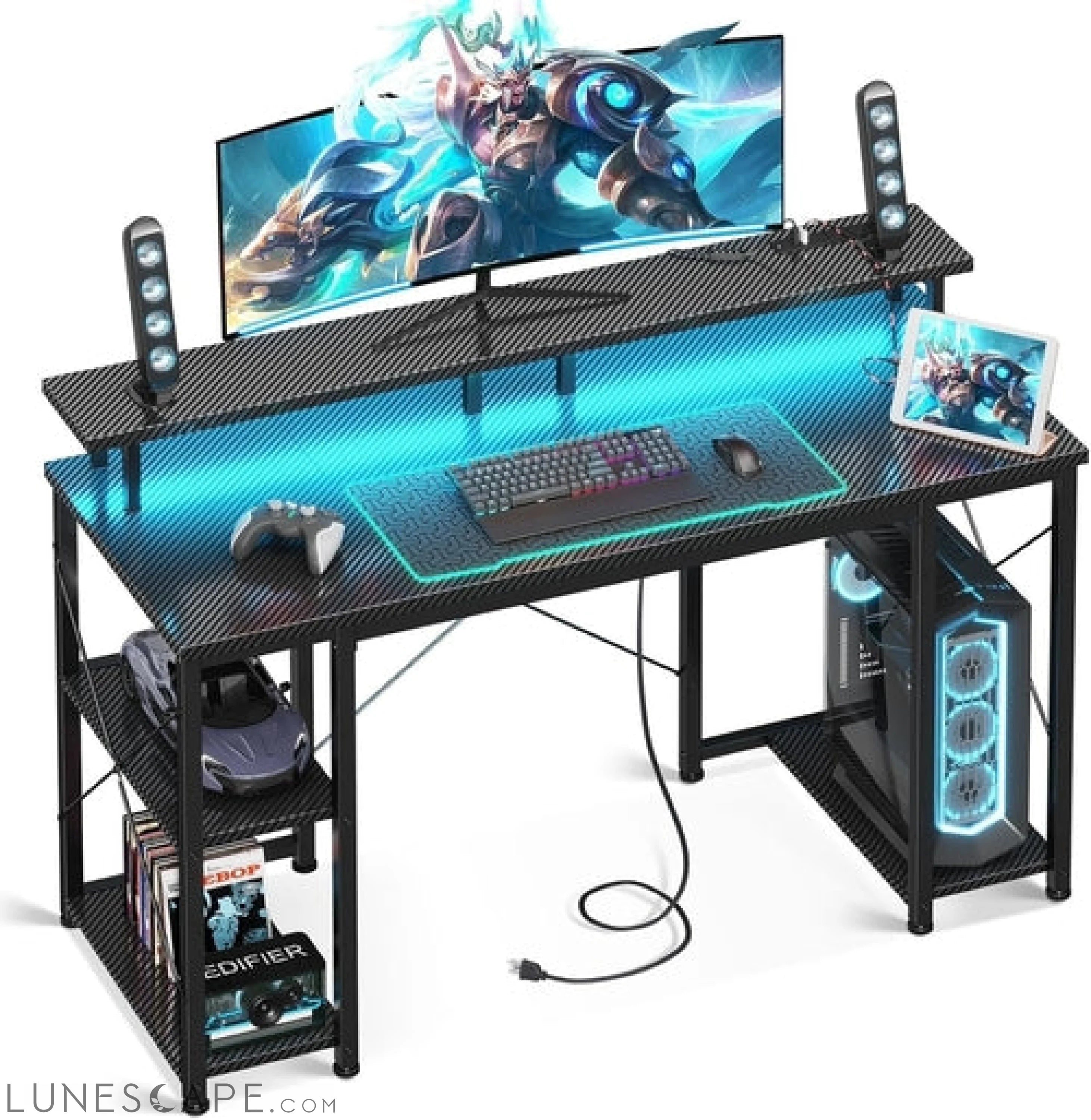 48 Inch Computer Desk with Power Outlets & LED Lights, Gaming Desk LUNESCAPE