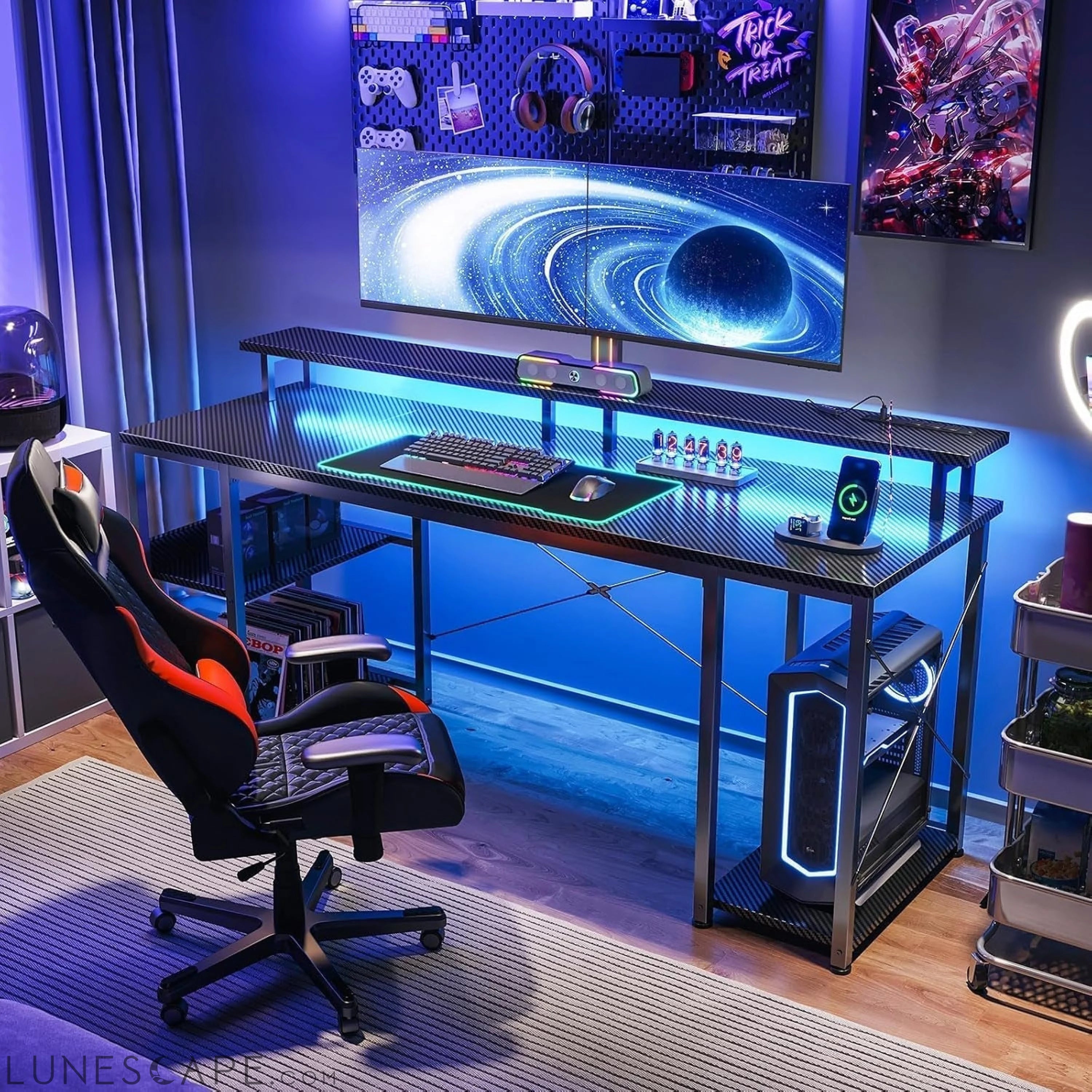 48 Inch Computer Desk with Power Outlets & LED Lights, Gaming Desk LUNESCAPE