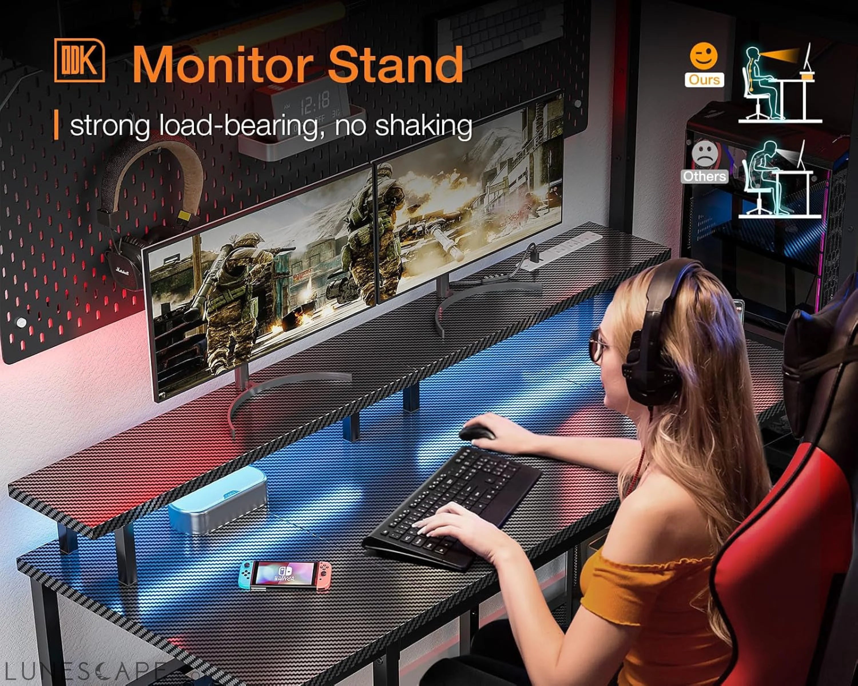 48 Inch Computer Desk with Power Outlets & LED Lights, Gaming Desk LUNESCAPE