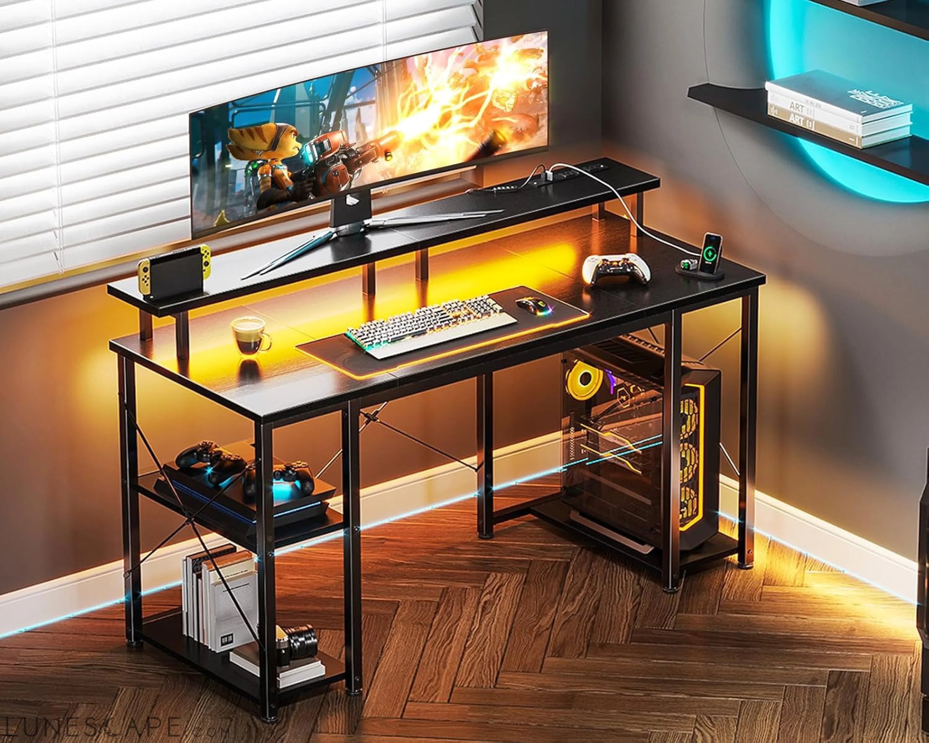 48 Inch Gaming Desk with LED Lights & Power Outlets, Computer Desk LUNESCAPE
