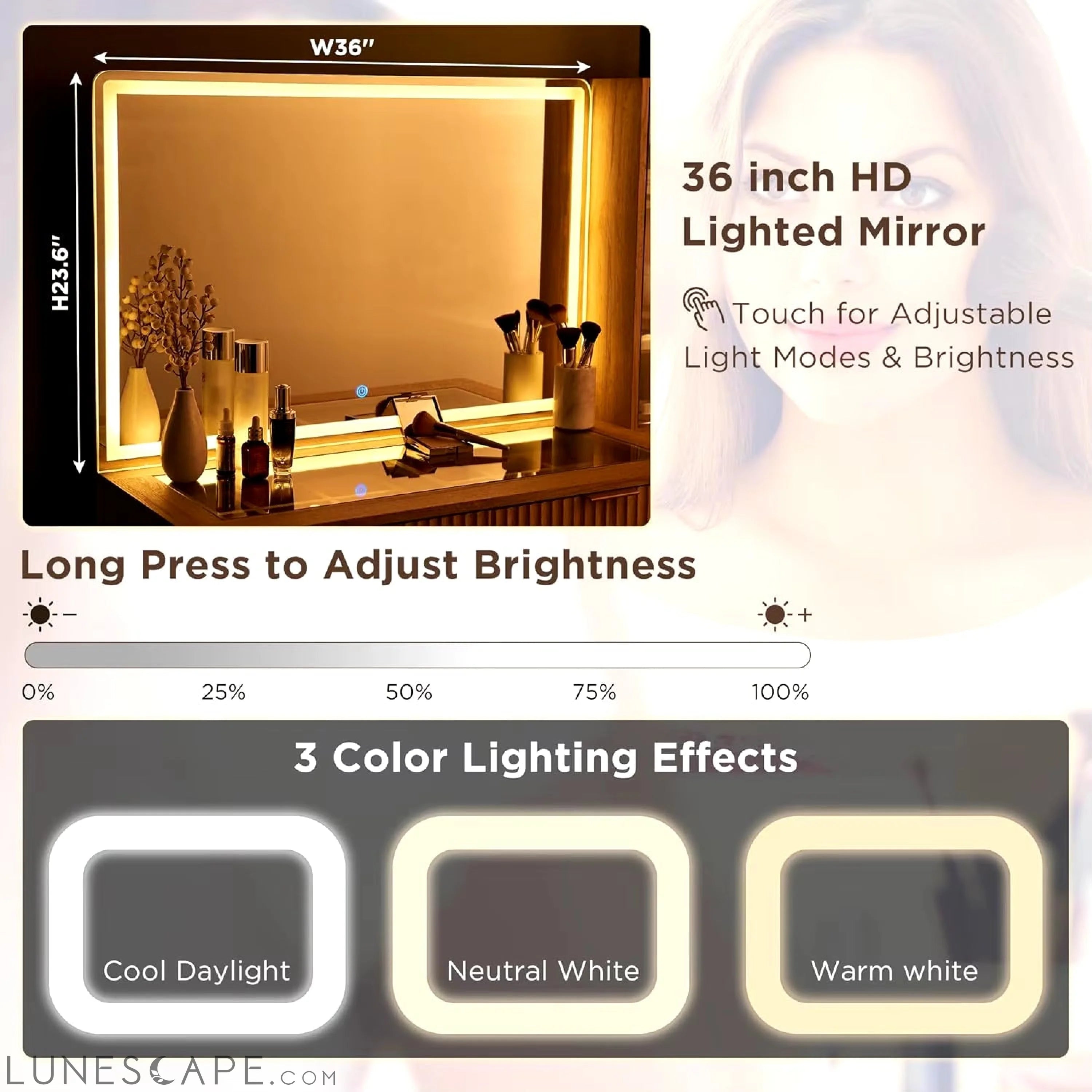 48" Modern Fluted Makeup Vanity Desk with Large 36" Mirror & Lights, LUNESCAPE