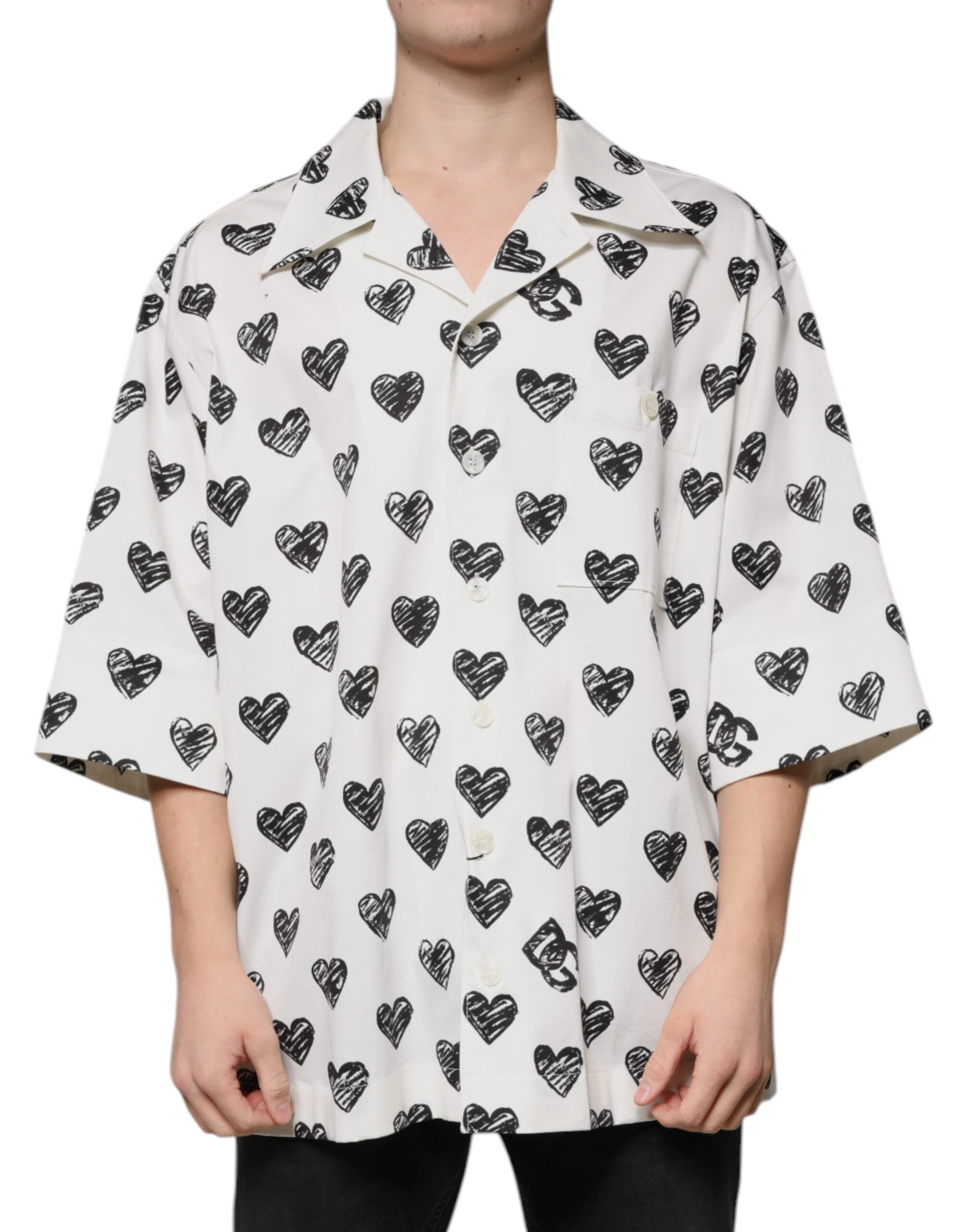 Dolce & Gabbana White Heart Print Short Sleeve Casual Shirt LUNESCAPE