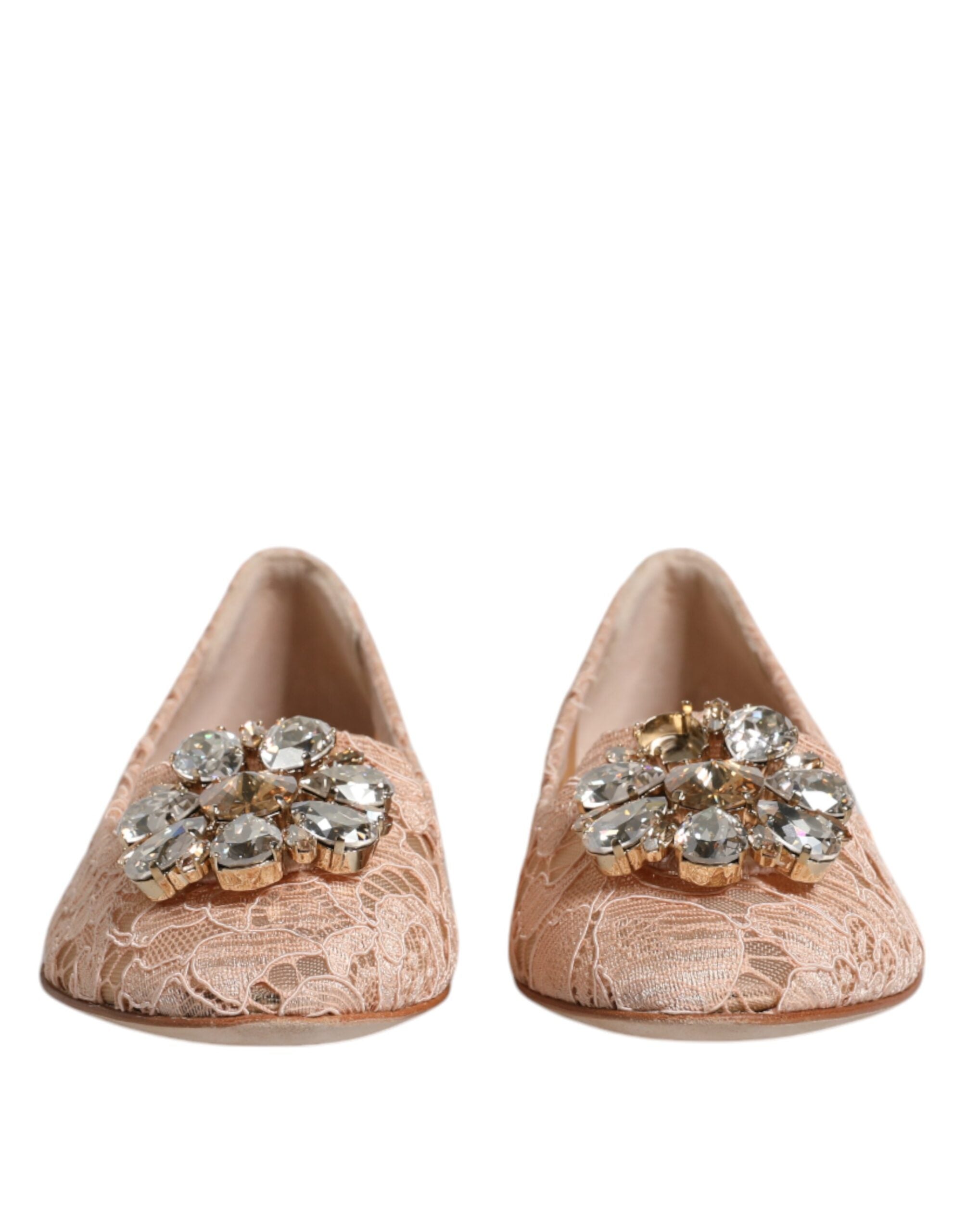 Dolce & Gabbana Beige Lace Crystal Ballet Flats Loafers Shoes LUNESCAPE