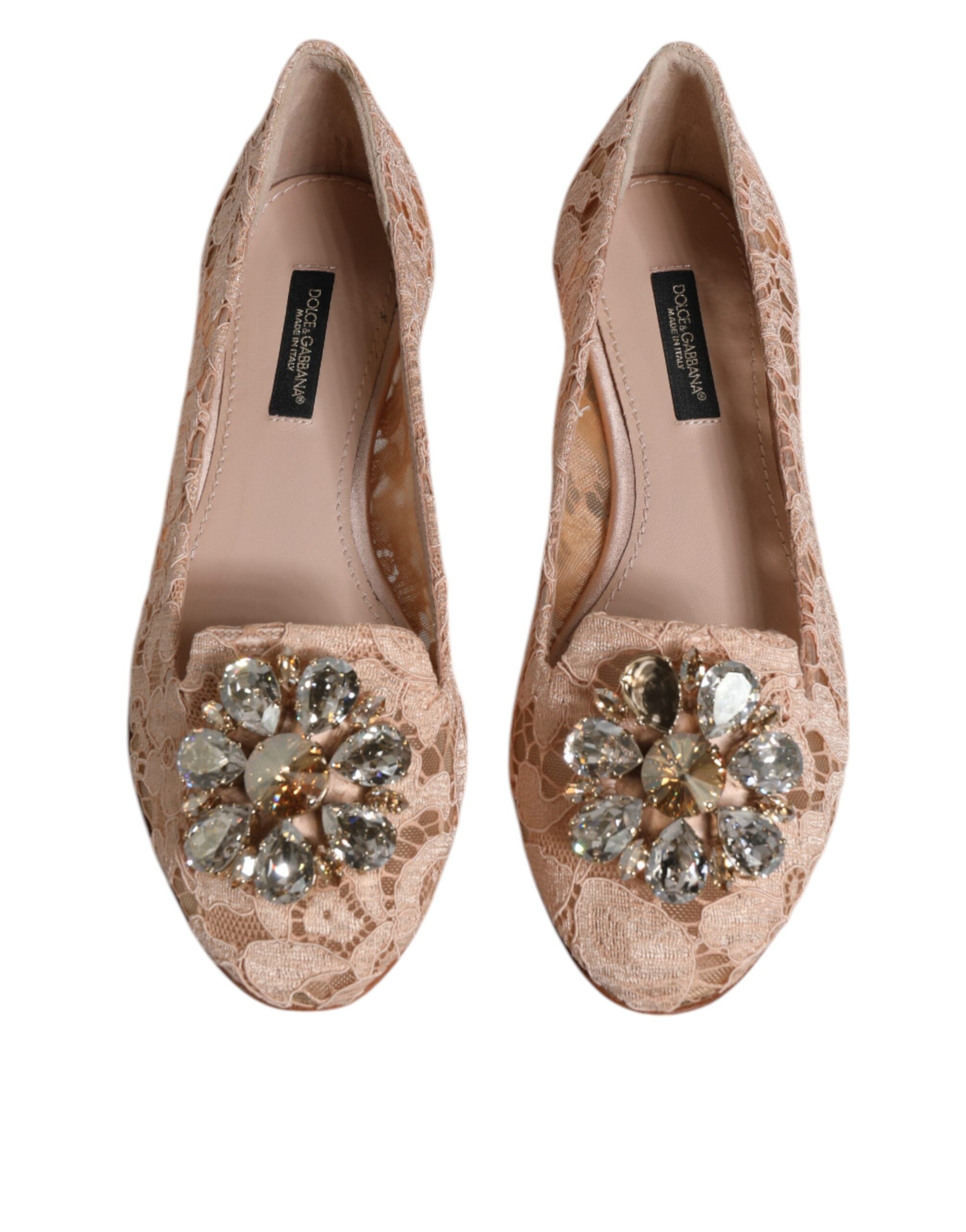 Dolce & Gabbana Beige Lace Crystal Ballet Flats Loafers Shoes LUNESCAPE