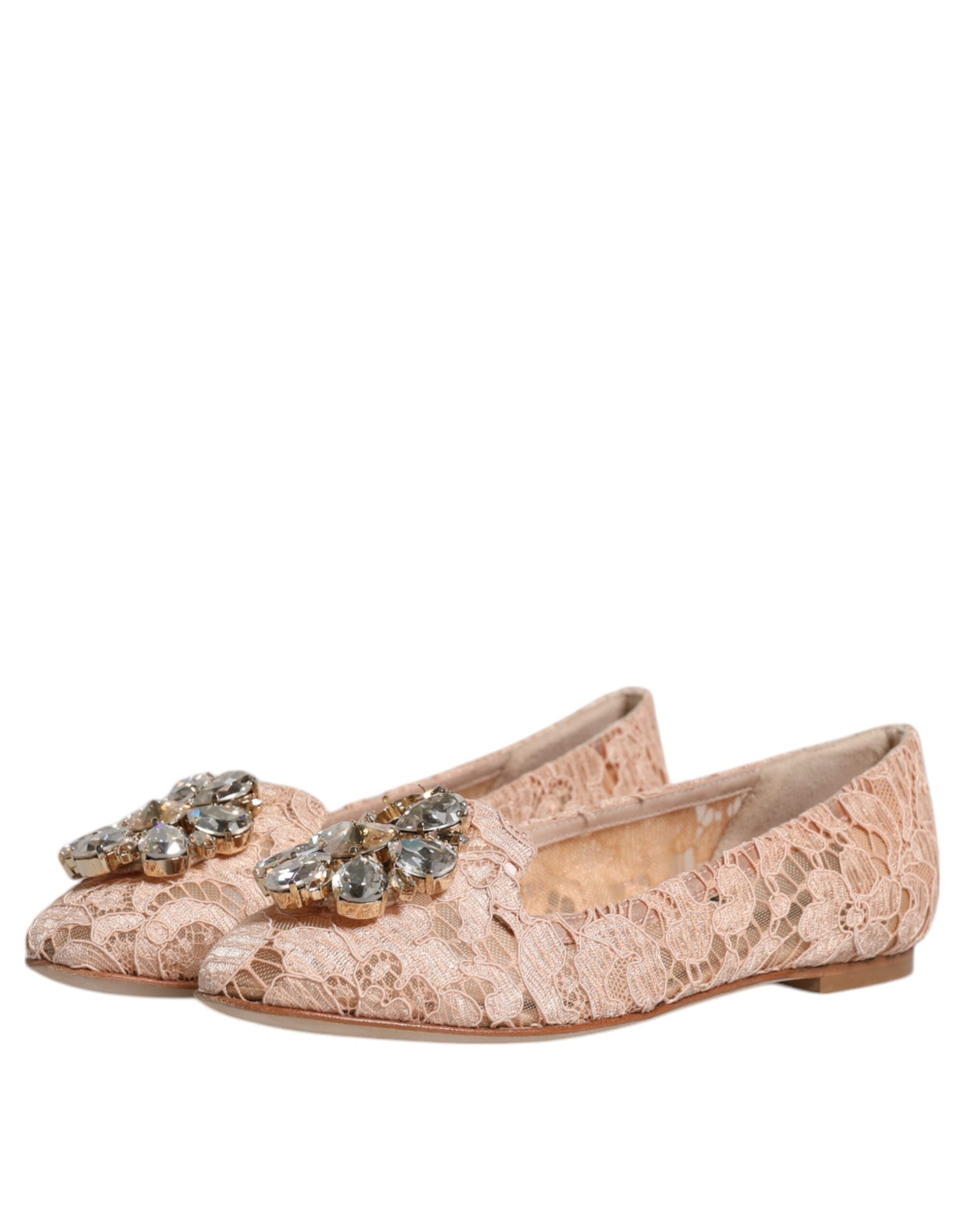 Dolce & Gabbana Beige Lace Crystal Ballet Flats Loafers Shoes LUNESCAPE