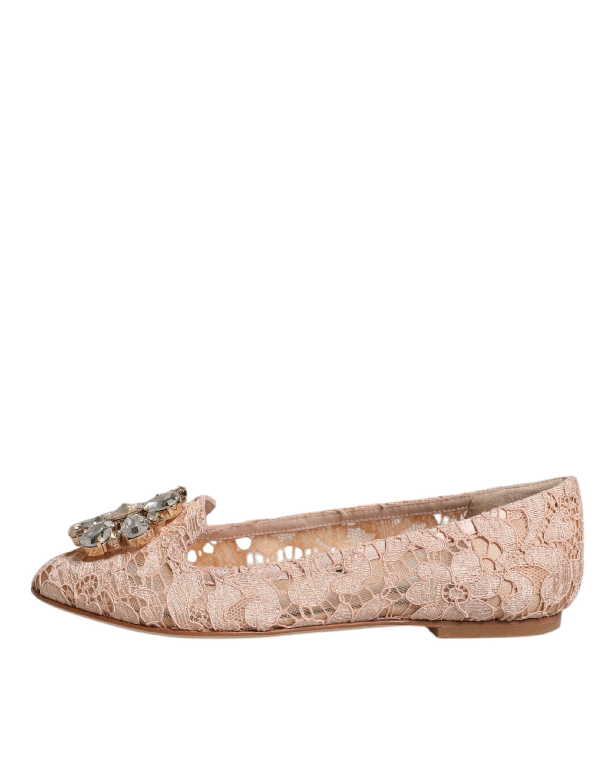 Dolce & Gabbana Beige Lace Crystal Ballet Flats Loafers Shoes LUNESCAPE