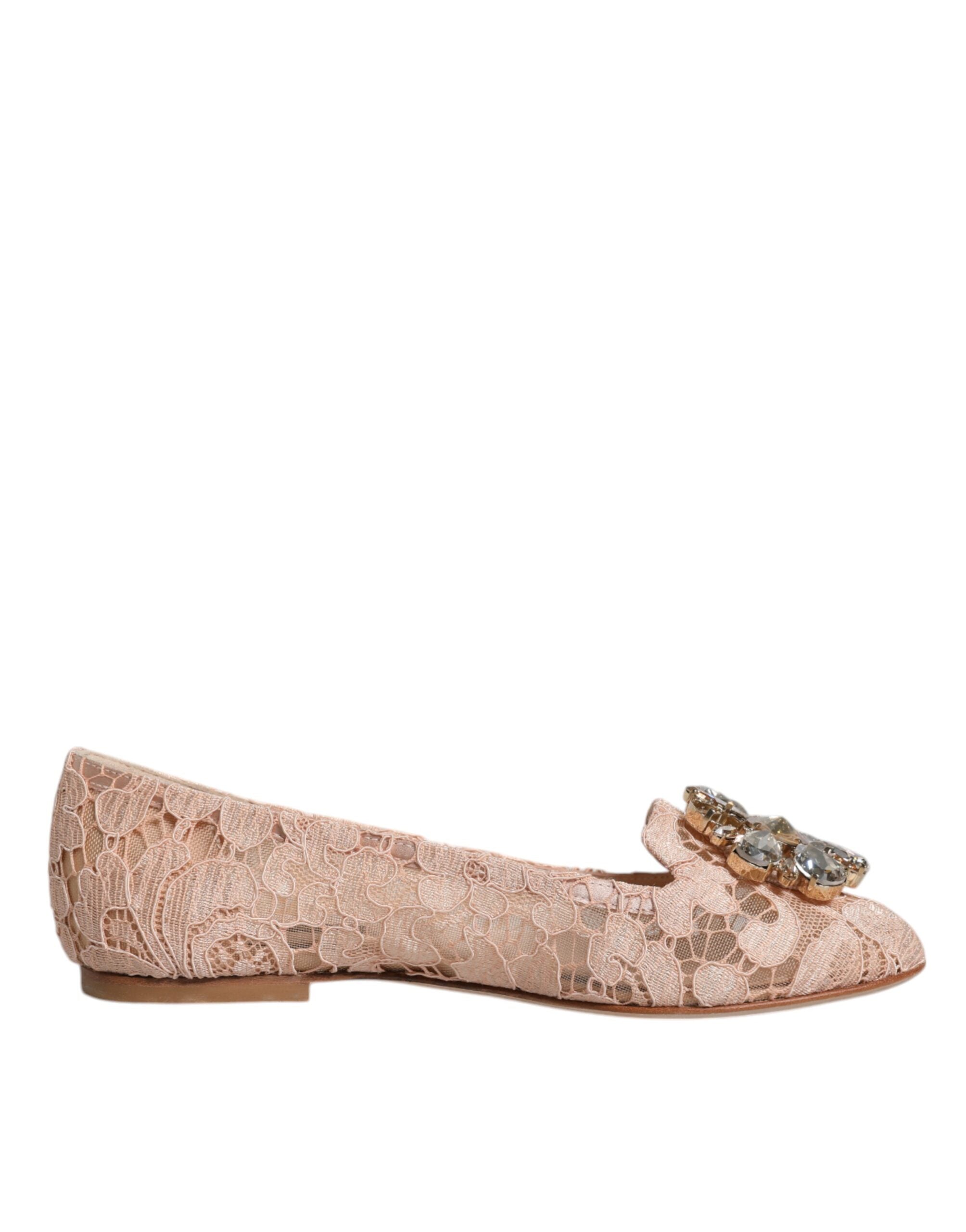 Dolce & Gabbana Beige Lace Crystal Ballet Flats Loafers Shoes LUNESCAPE