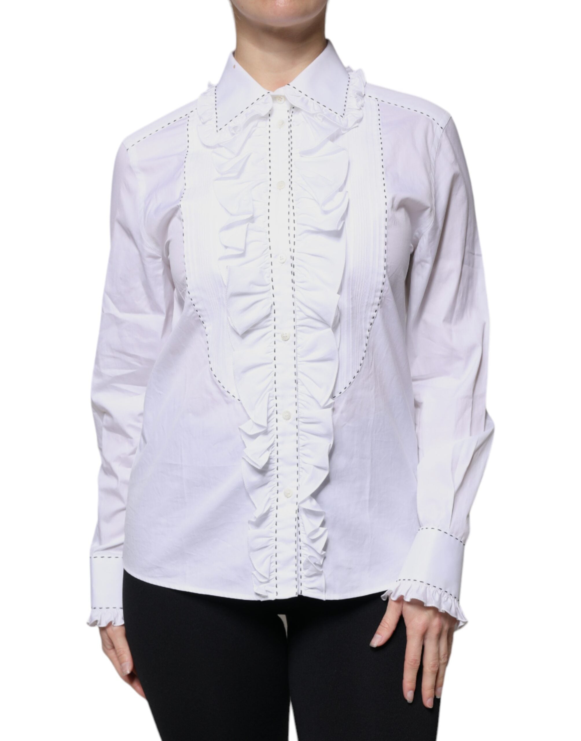 Dolce & Gabbana White Cotton Long Sleeves Ruffle Collar Top LUNESCAPE