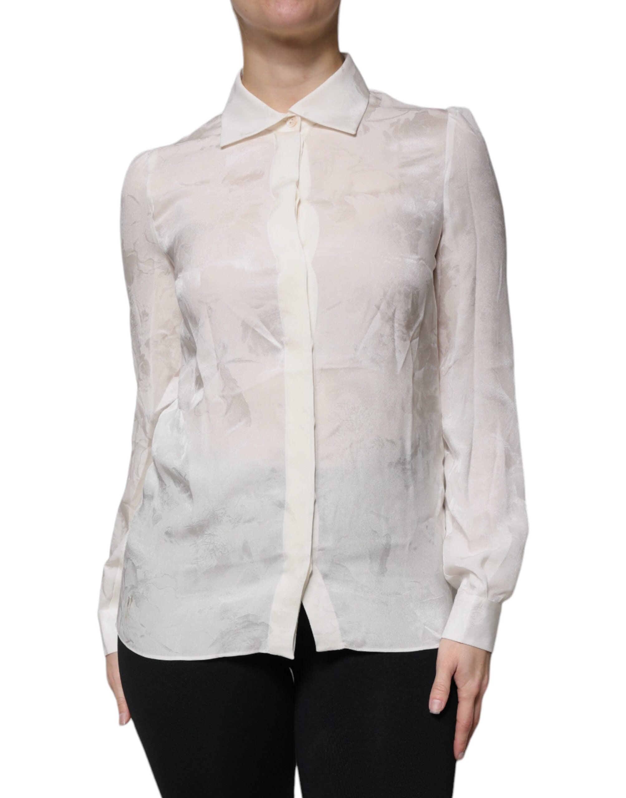 Dolce & Gabbana White Silk Collared Long Sleeves Shirt Top LUNESCAPE