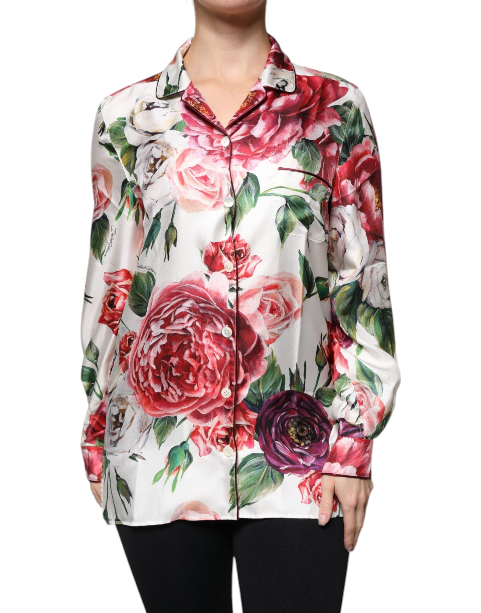 Dolce & Gabbana White Peony Silk Long Sleeves Collared Blouse Top LUNESCAPE