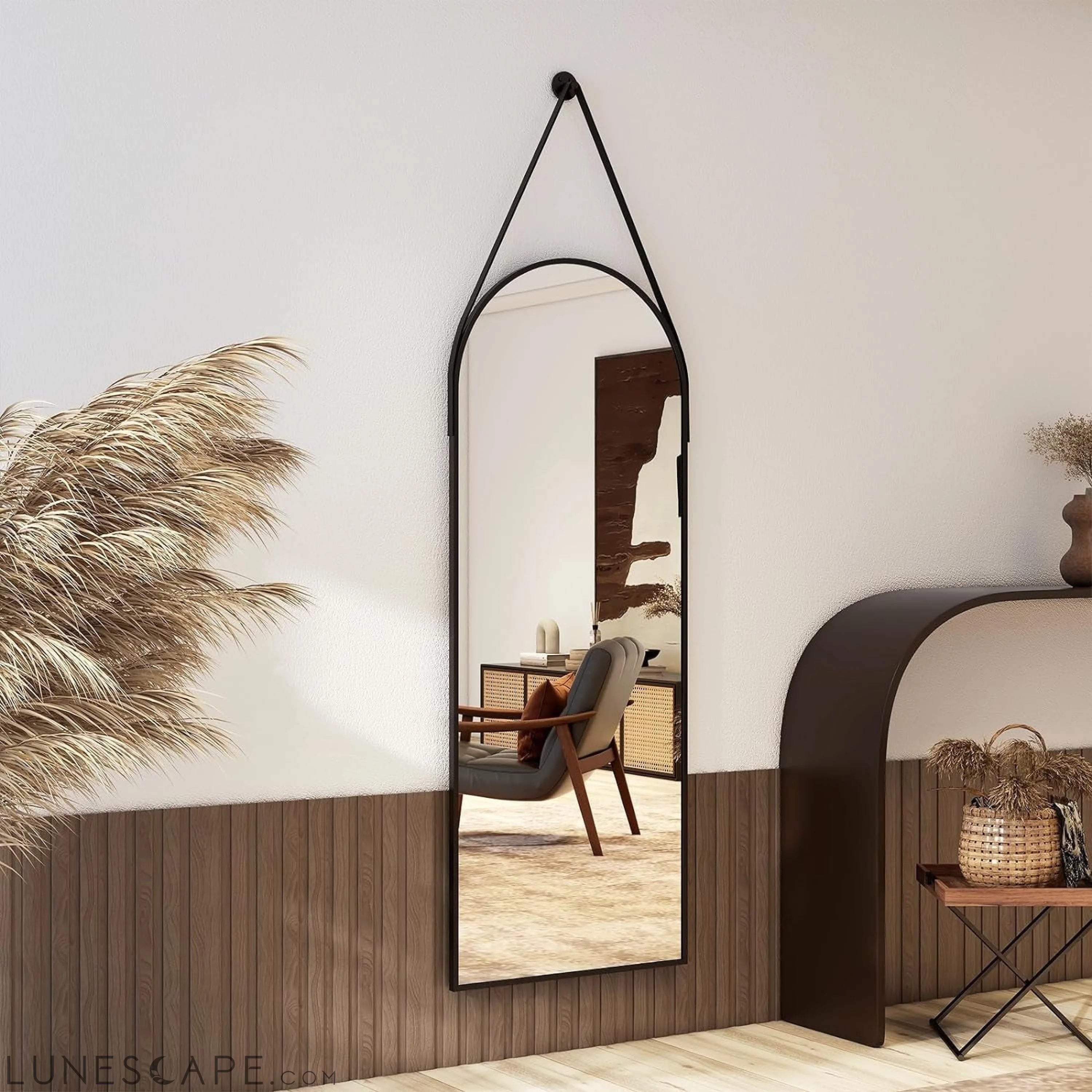 48''X16'' Arched Wall Mirror with Hanging Mirror Leather Cord, LUNESCAPE