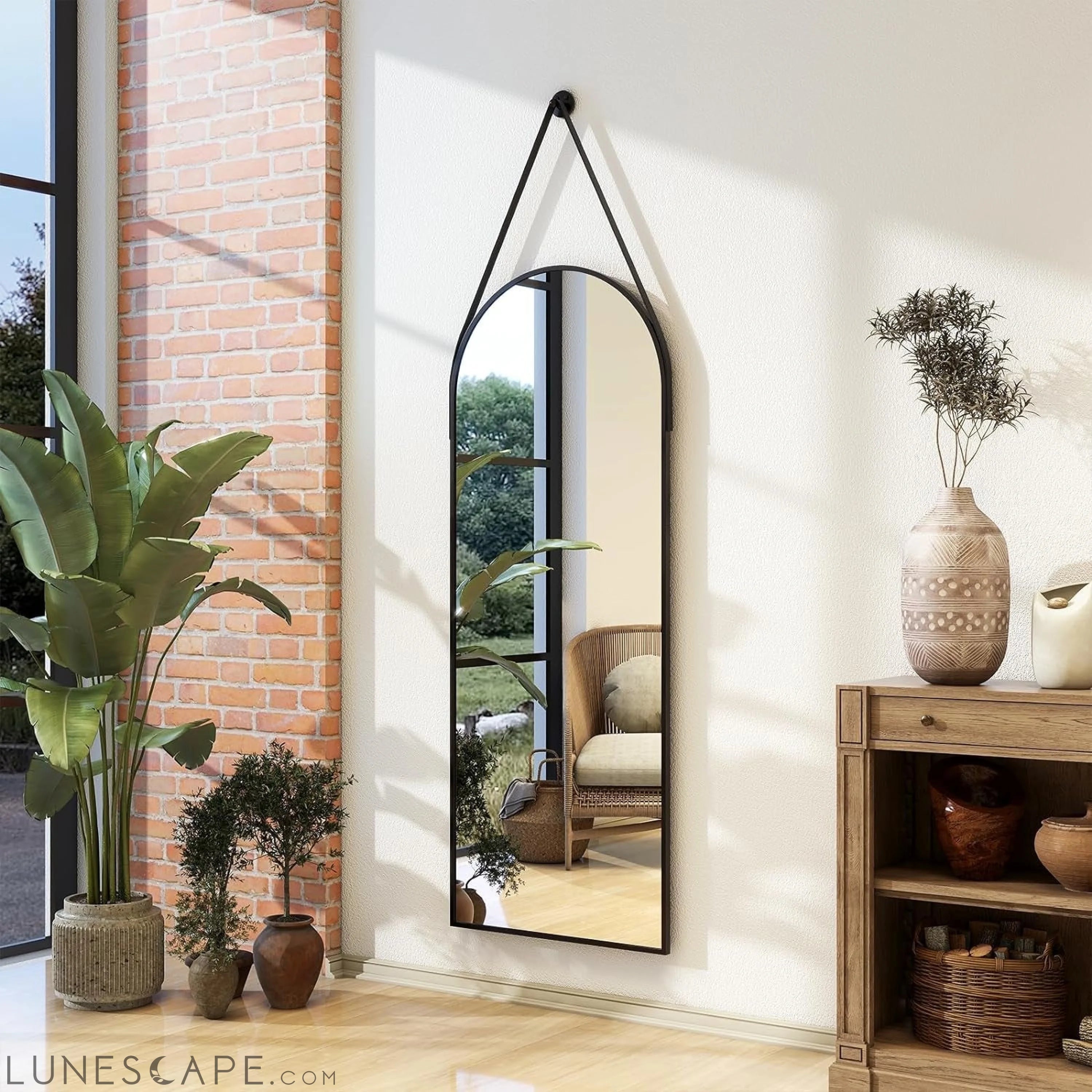 48''X16'' Arched Wall Mirror with Hanging Mirror Leather Cord, LUNESCAPE