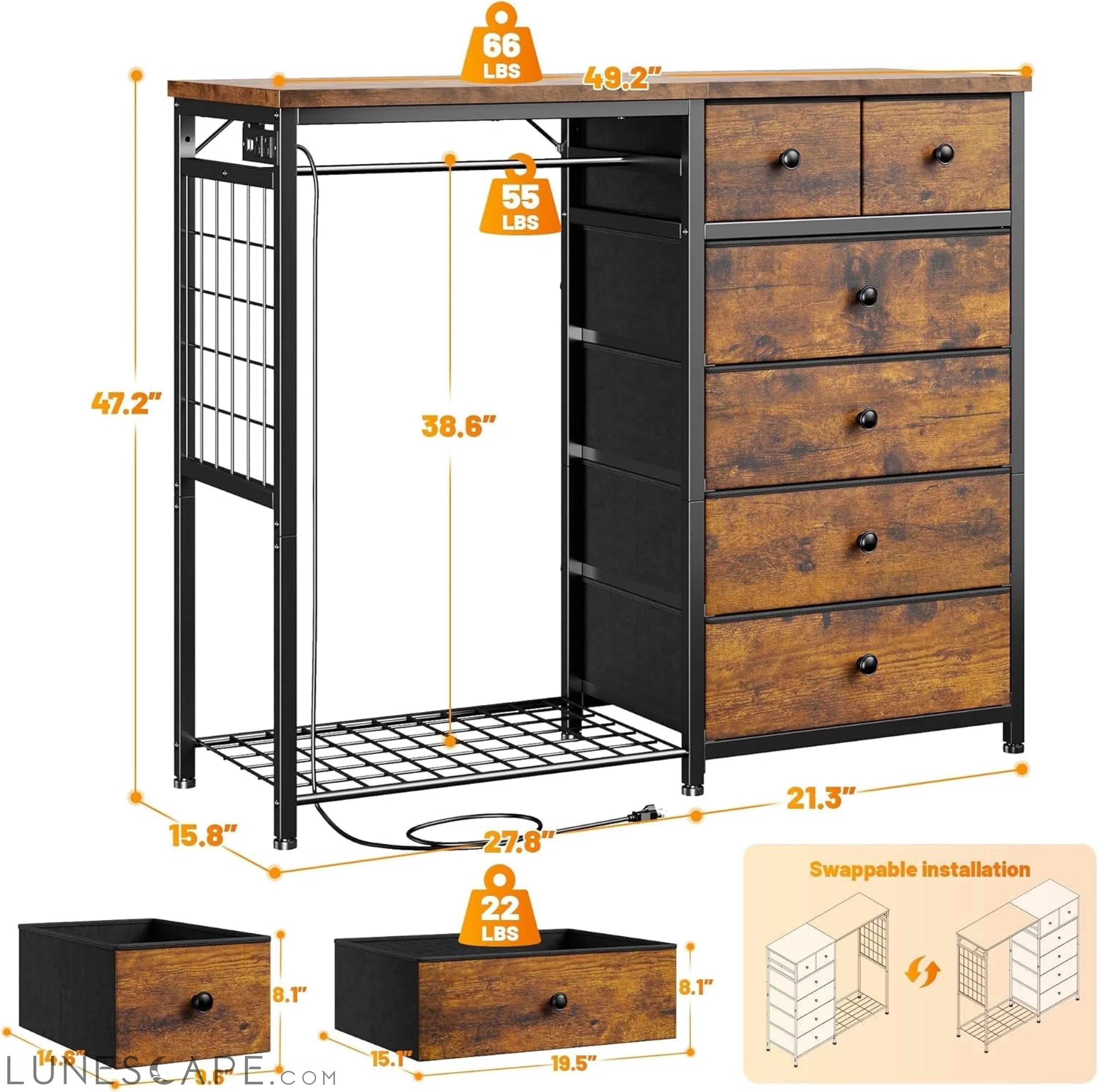 49.2" W Dresser for Bedroom with Hanging Rack 6 Drawer Dresser with LUNESCAPE