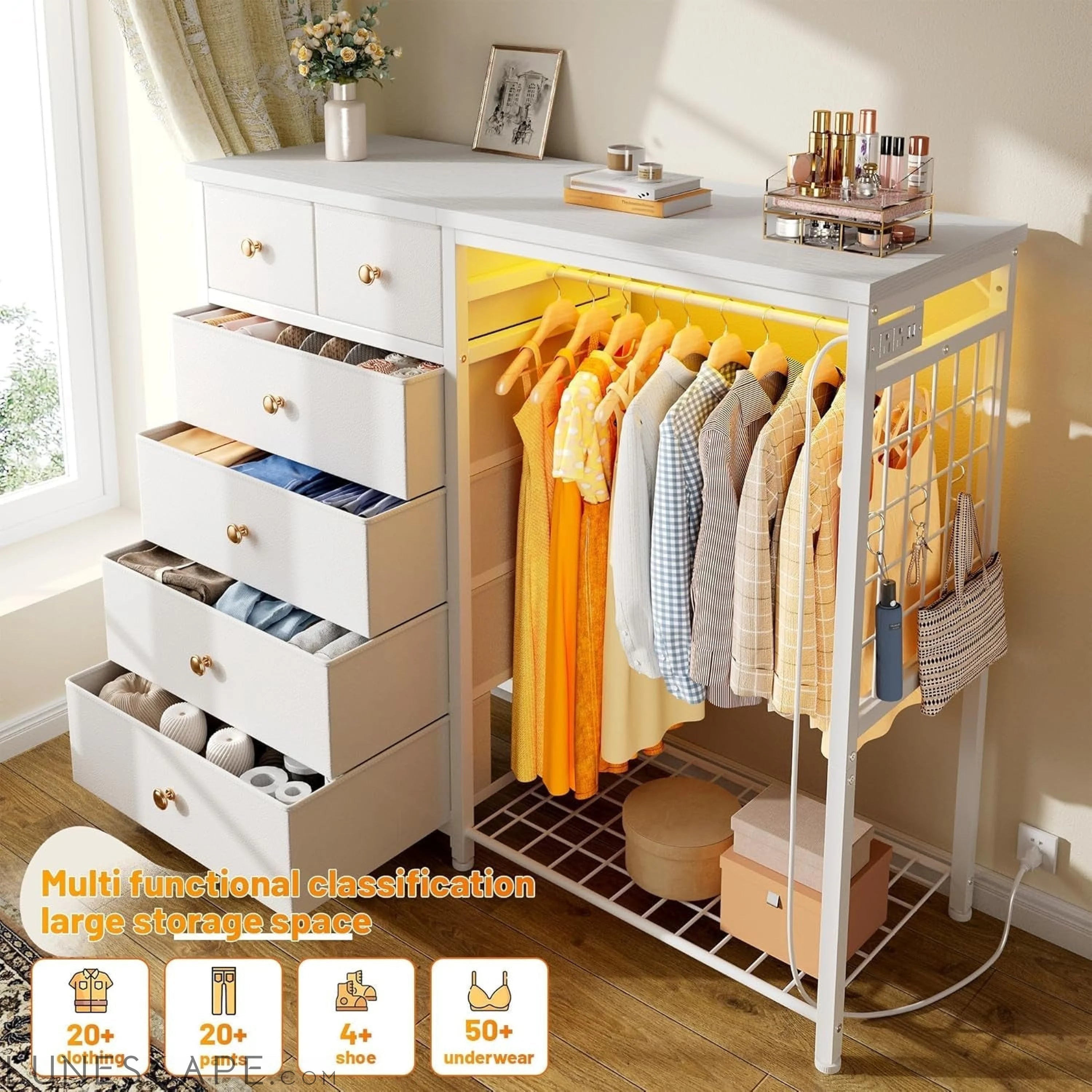 49.2" W White Dresser for Bedroom with Hanging Rack,6 Drawer Dresser LUNESCAPE