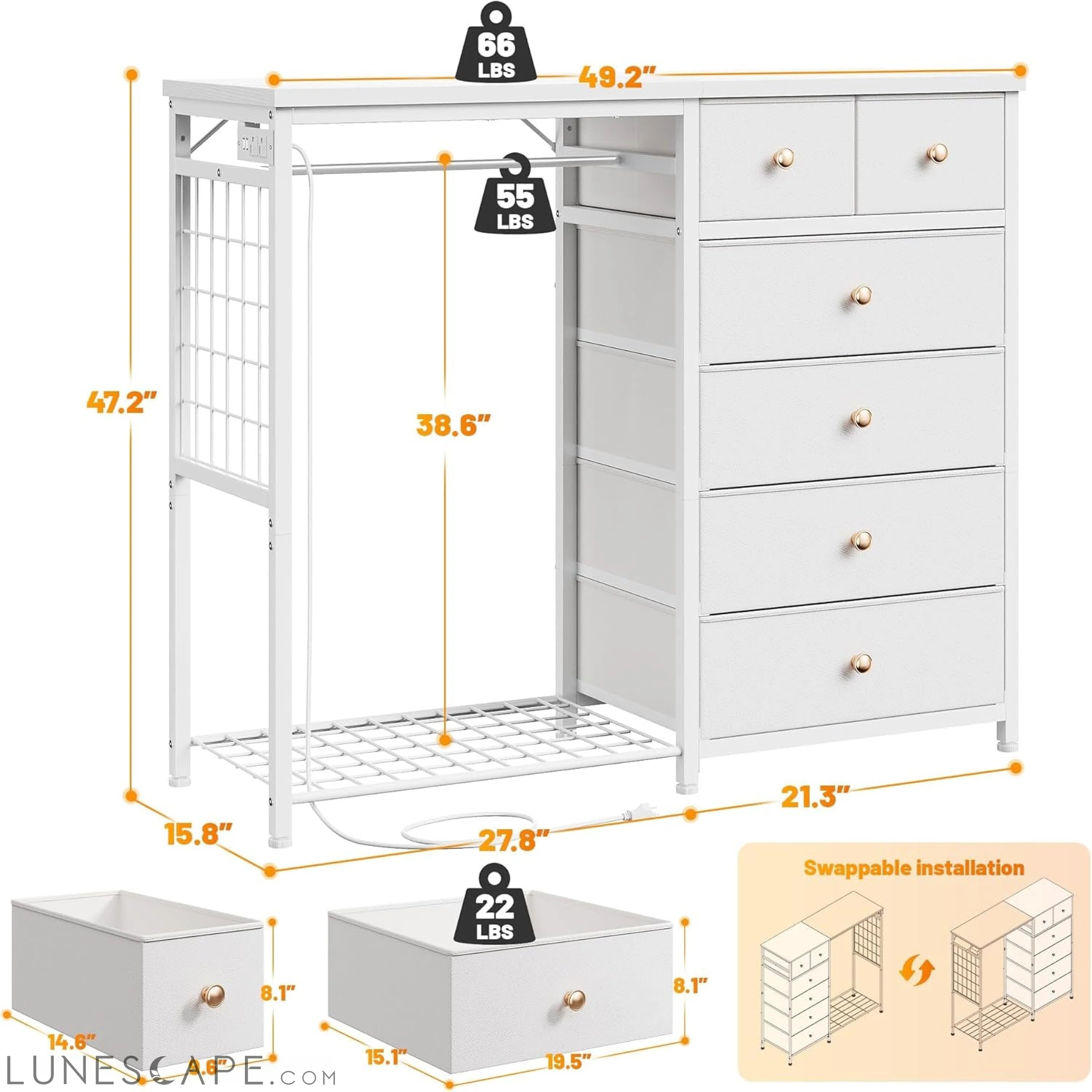 49.2" W White Dresser for Bedroom with Hanging Rack,6 Drawer Dresser LUNESCAPE