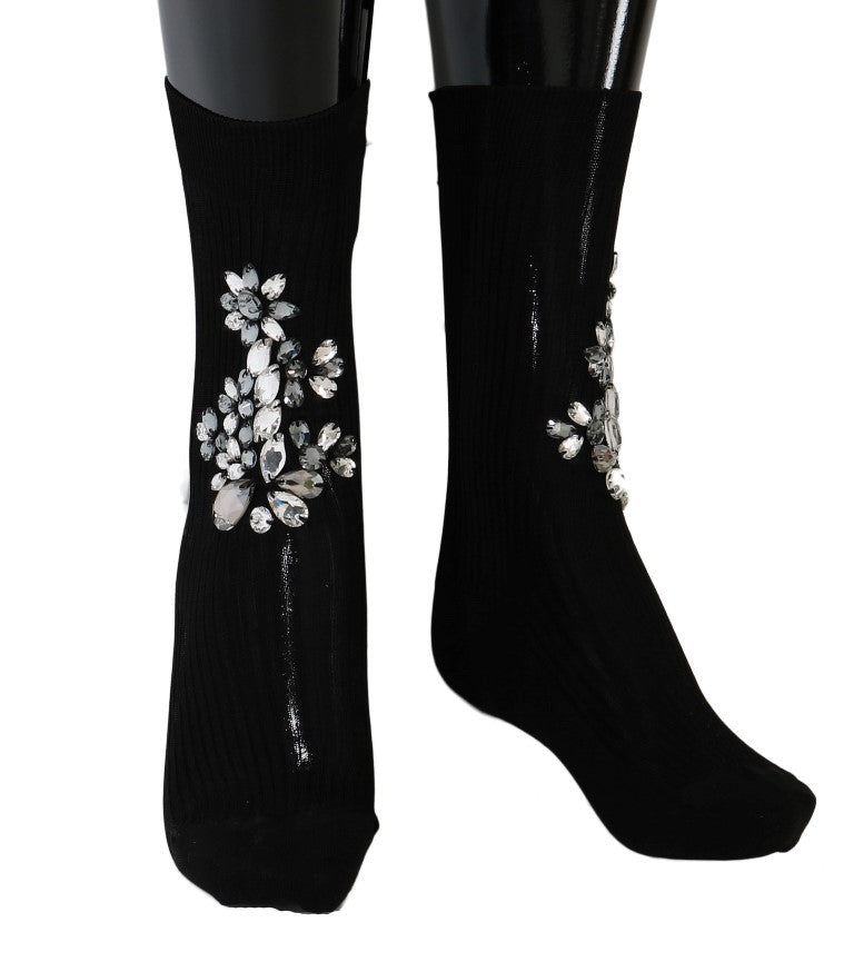 Dolce & Gabbana Black Knitted Floral Clear Crystal Socks LUNESCAPE