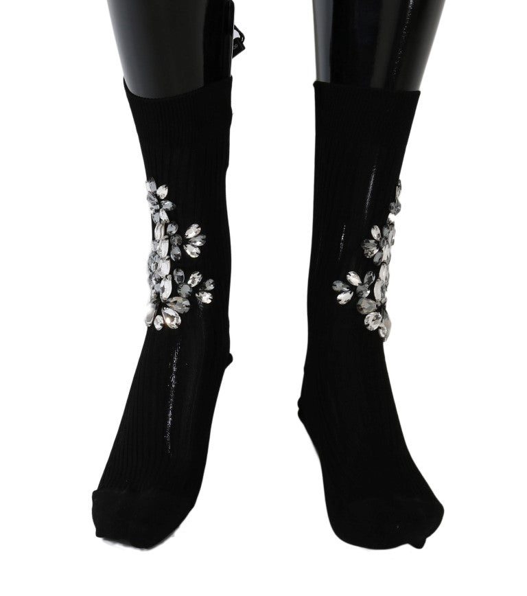 Dolce & Gabbana Black Knitted Floral Clear Crystal Socks LUNESCAPE