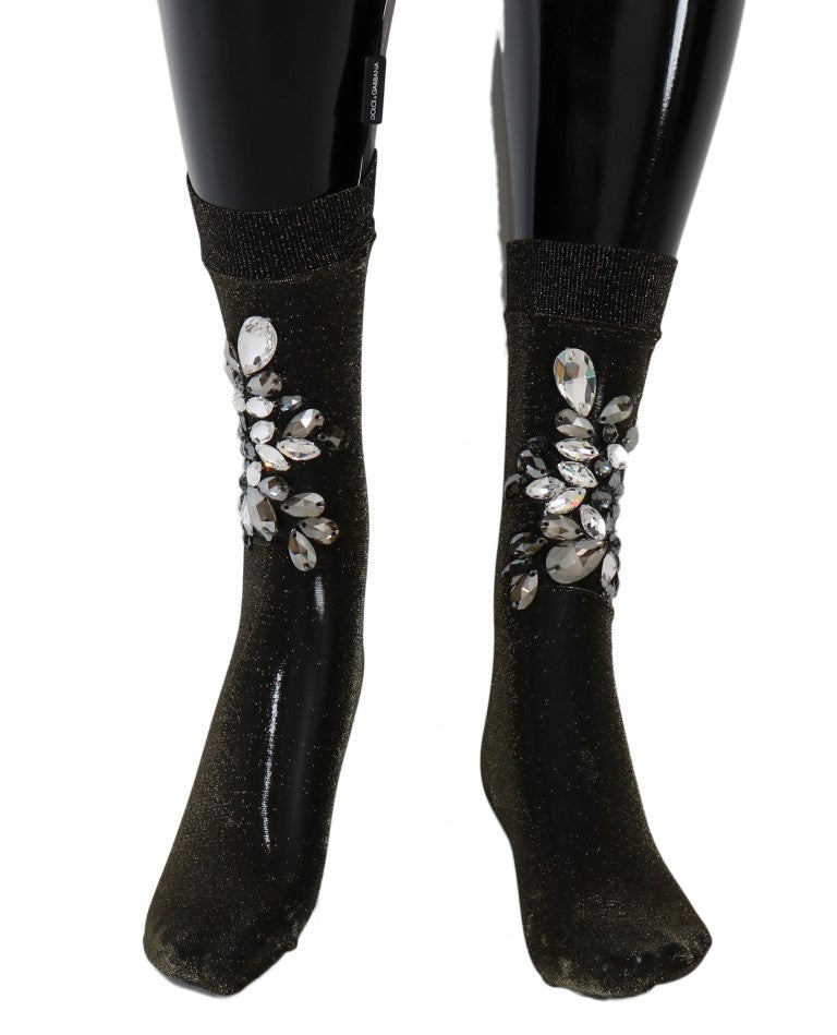 Dolce & Gabbana Black Stretch Floral Clear Crystal Socks LUNESCAPE