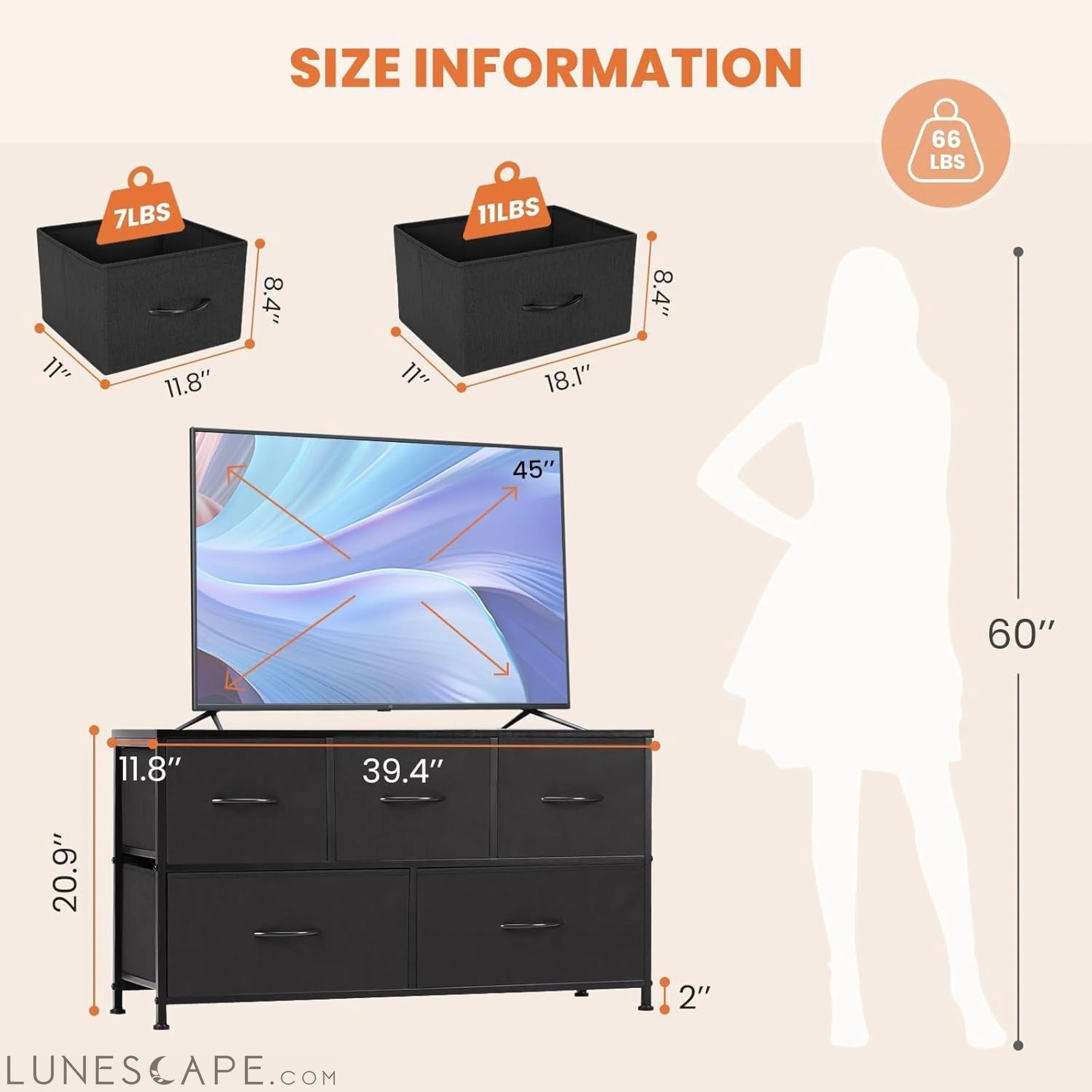 5 Drawers Dresser for Bedroom, Kidsroom Furniture, Small Chest Tower, LUNESCAPE