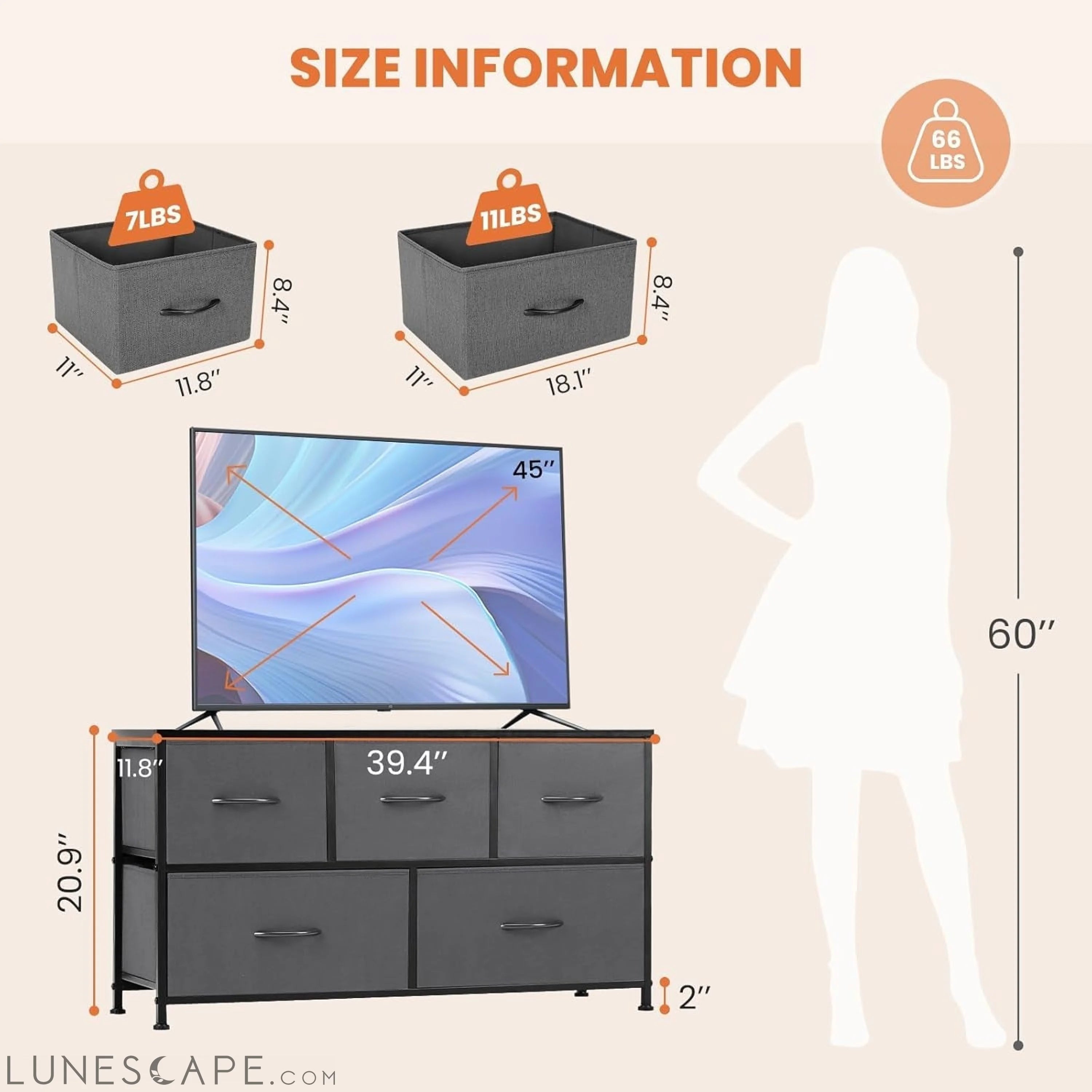 5 Drawers Dresser for Bedroom, Kidsroom Furniture, Small Chest Tower, LUNESCAPE