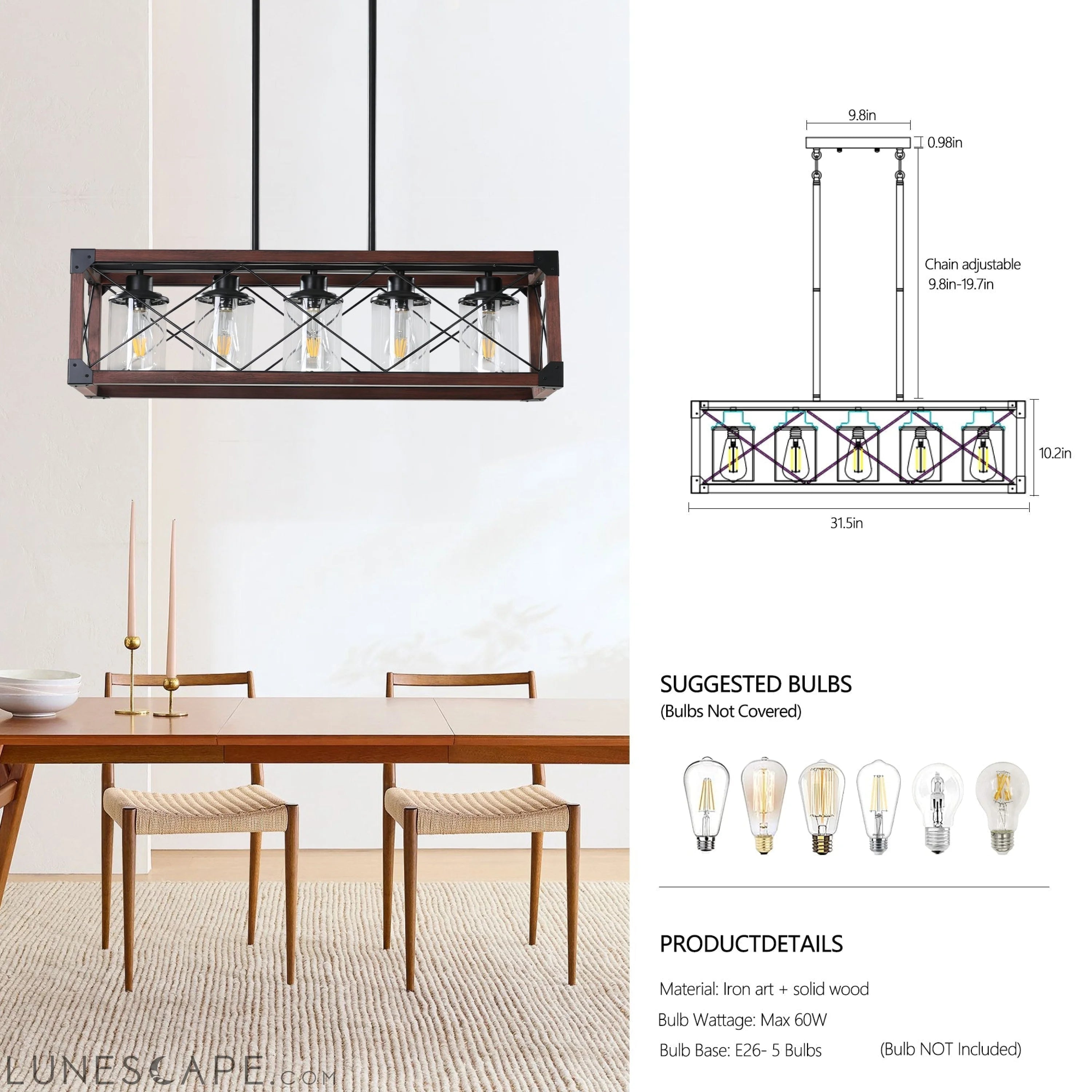 5-Light Retro Farmhouse Pendant Chandelier LUNESCAPE