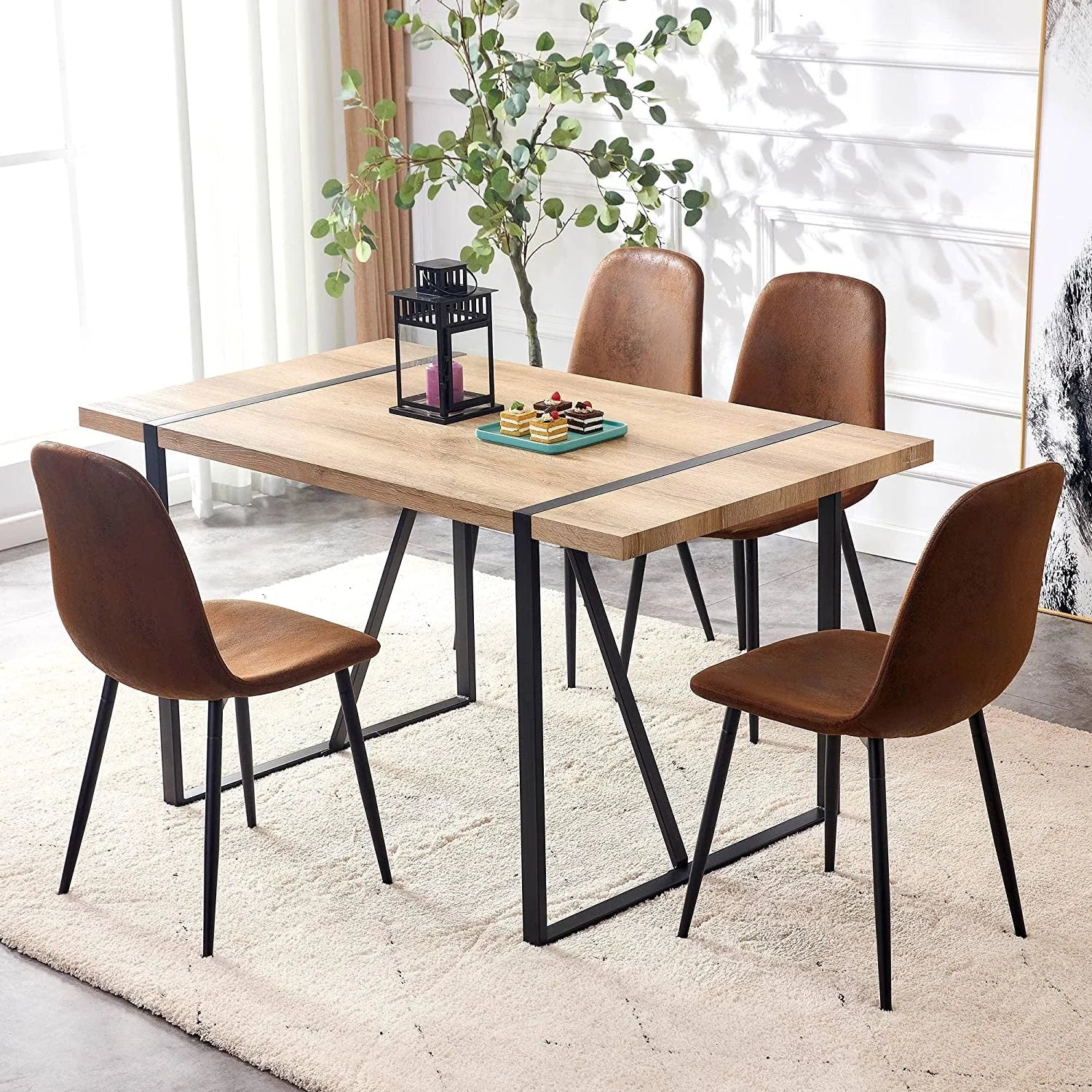 5 Piece Modern Farmhouse Wood Dining Table Set with Upholstered Chairs LUNESCAPE