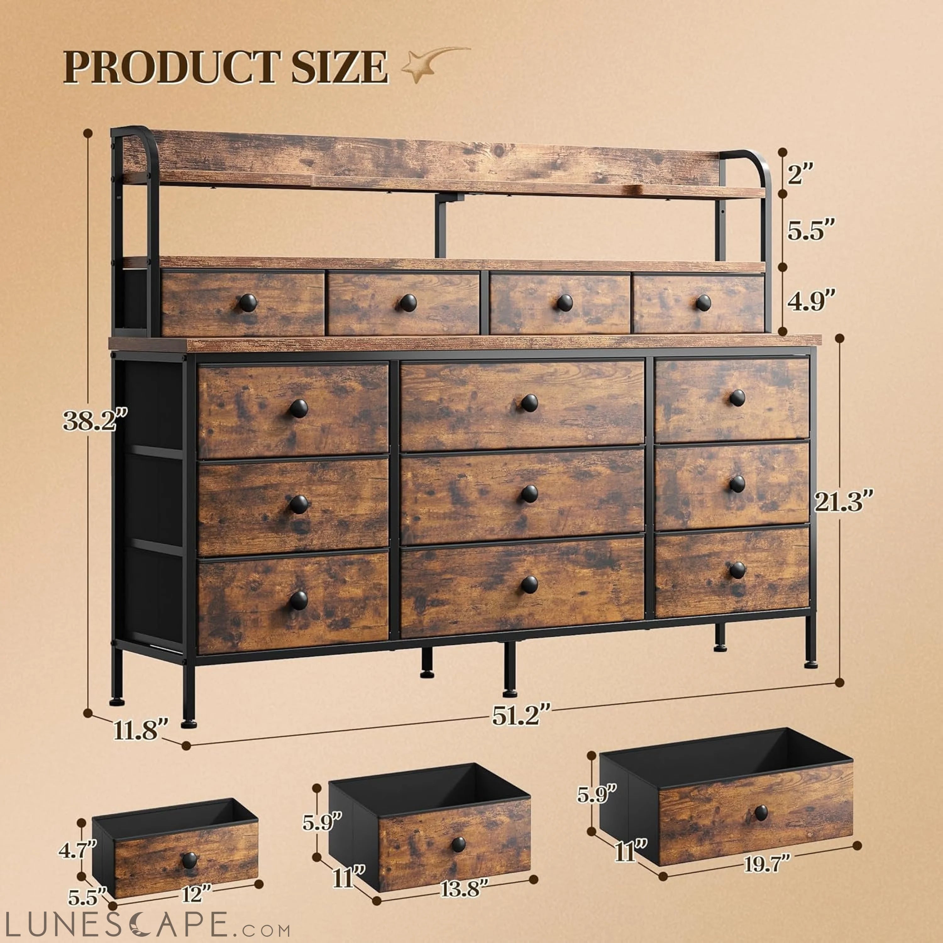 51.2" W Dresser for Bedroom with LED Lights, 13 Drawer Dresser for LUNESCAPE