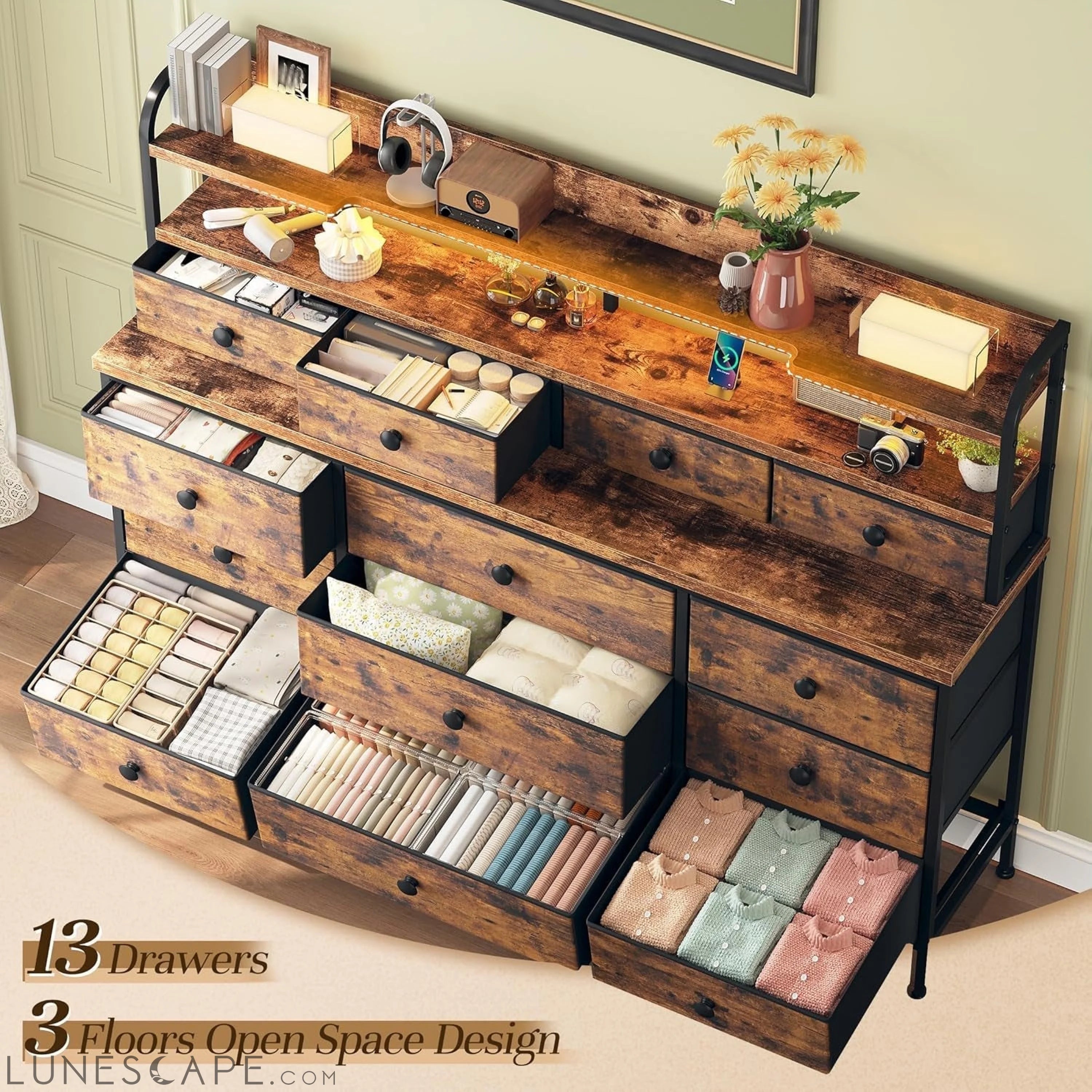 51.2" W Dresser for Bedroom with LED Lights, 13 Drawer Dresser for LUNESCAPE