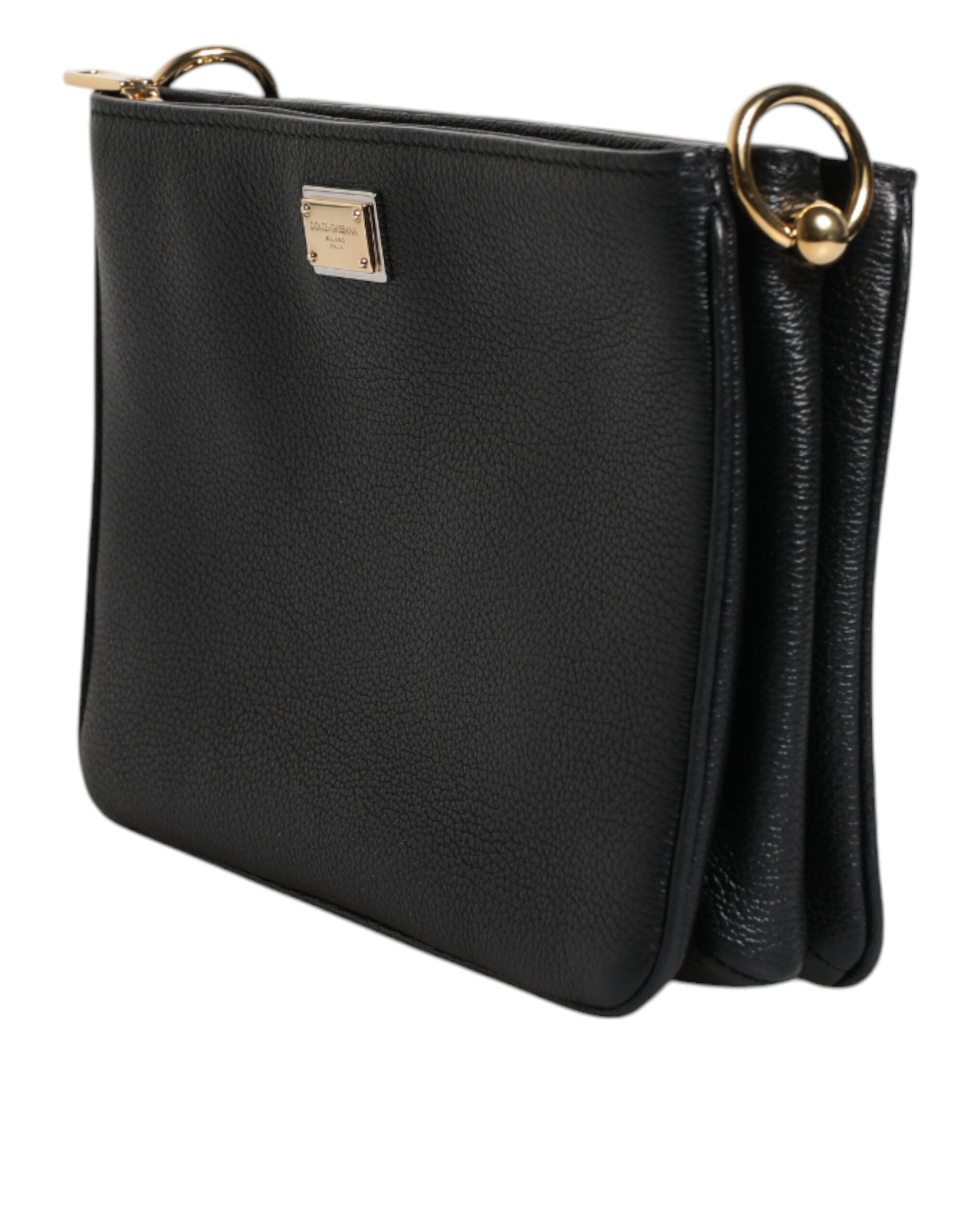 Dolce & Gabbana Black Grain Leather Logo Plaque Clutch Bag LUNESCAPE