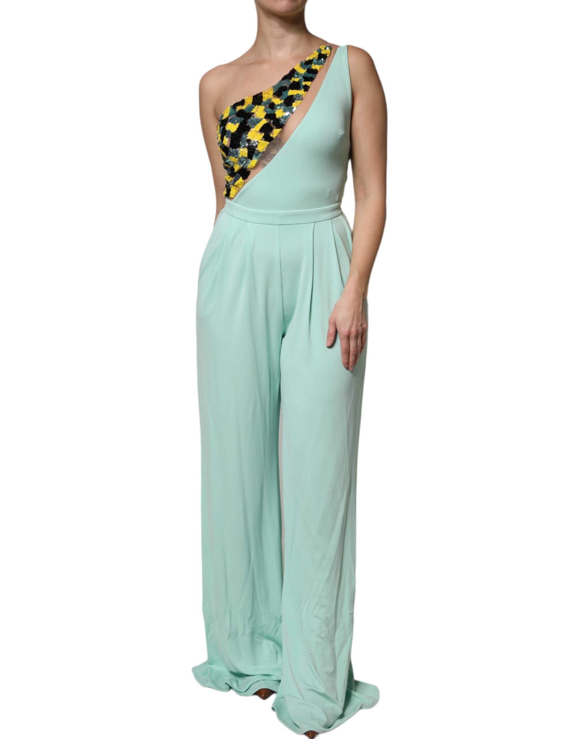 Elisabetta Franchi Mint Green One Shoulder Long Jumpsuit Dress LUNESCAPE