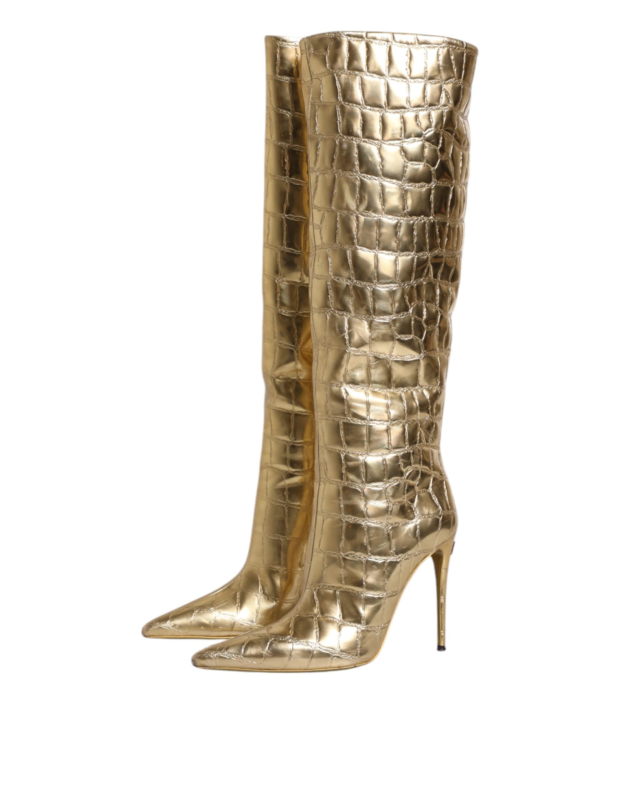 Dolce & Gabbana Gold Leather Stiletto Heels High Boots Shoes LUNESCAPE