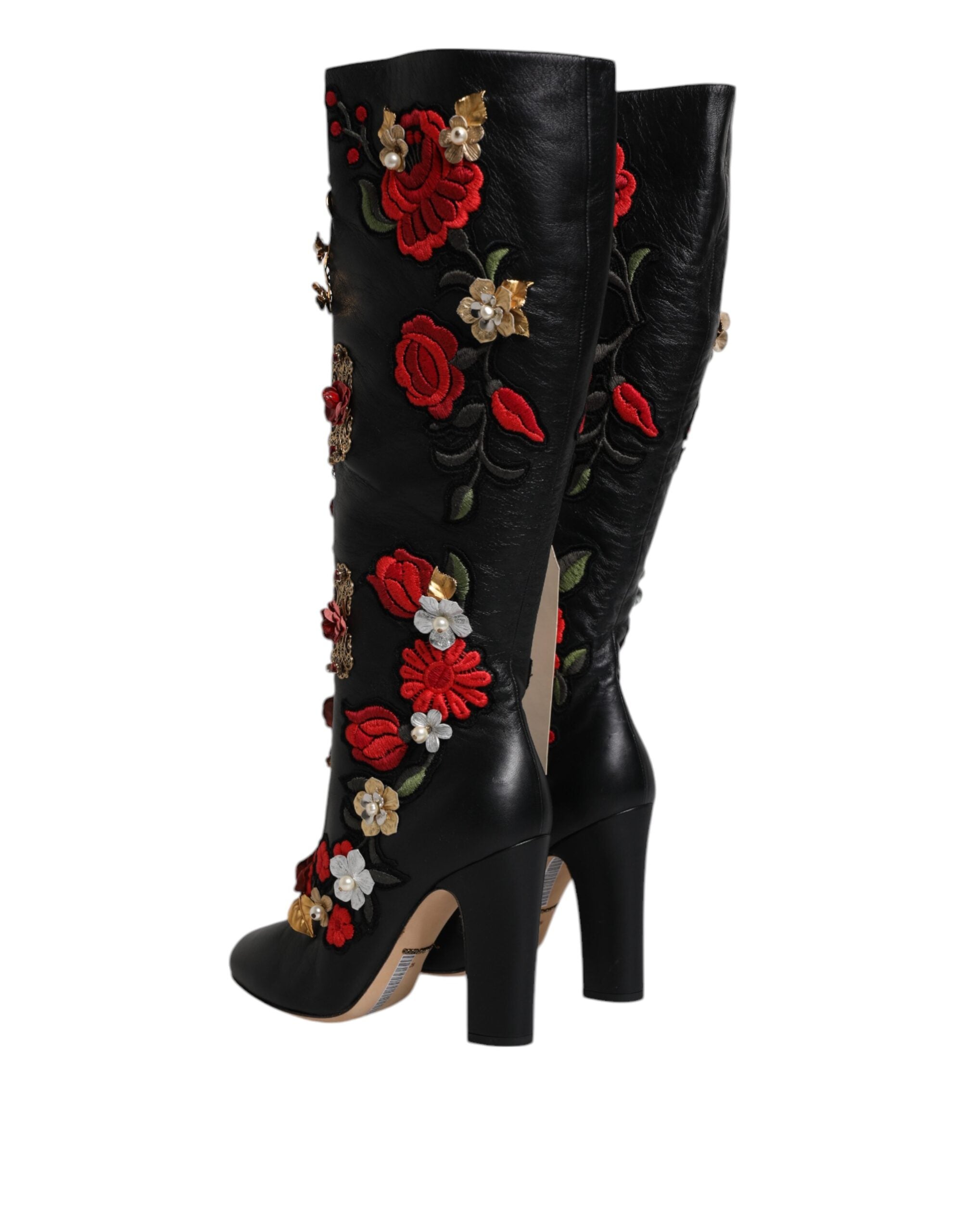 Dolce & Gabbana Black Roses Embellished Leather Heel Boots Shoes LUNESCAPE