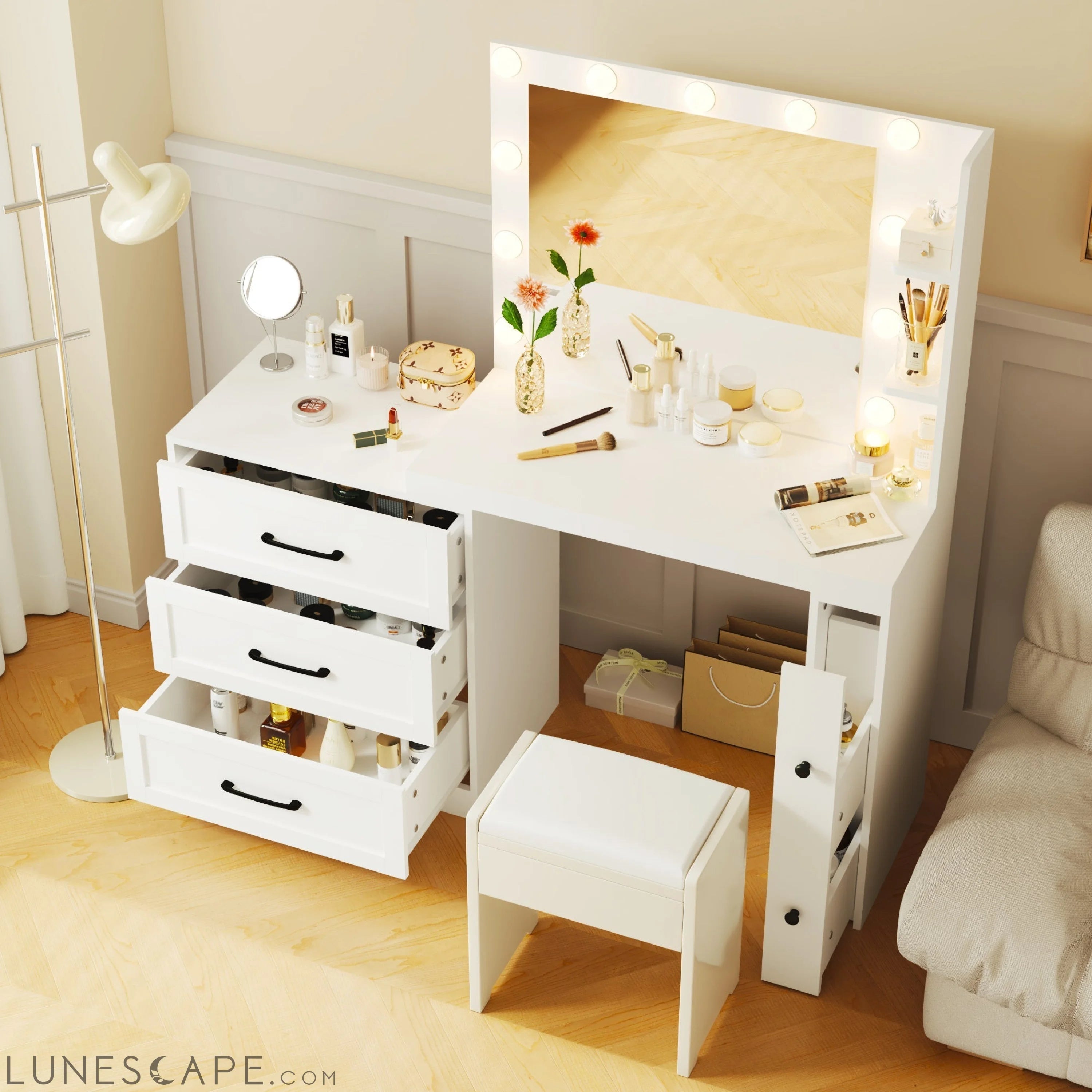55.2" Vanity Desk with Freely Adjustable Side Cabinet, Makeup Vanity LUNESCAPE