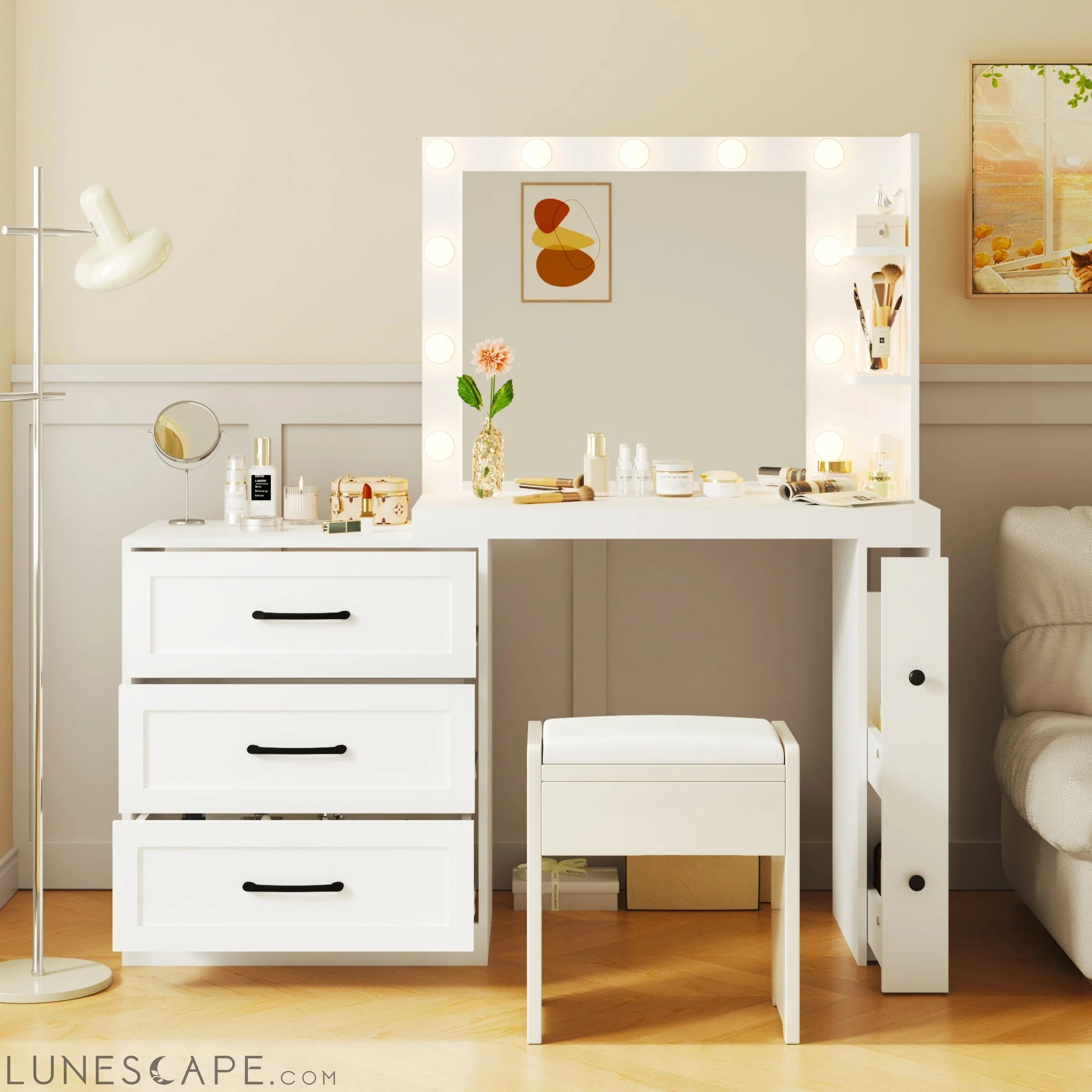 55.2" Vanity Desk with Freely Adjustable Side Cabinet, Makeup Vanity LUNESCAPE