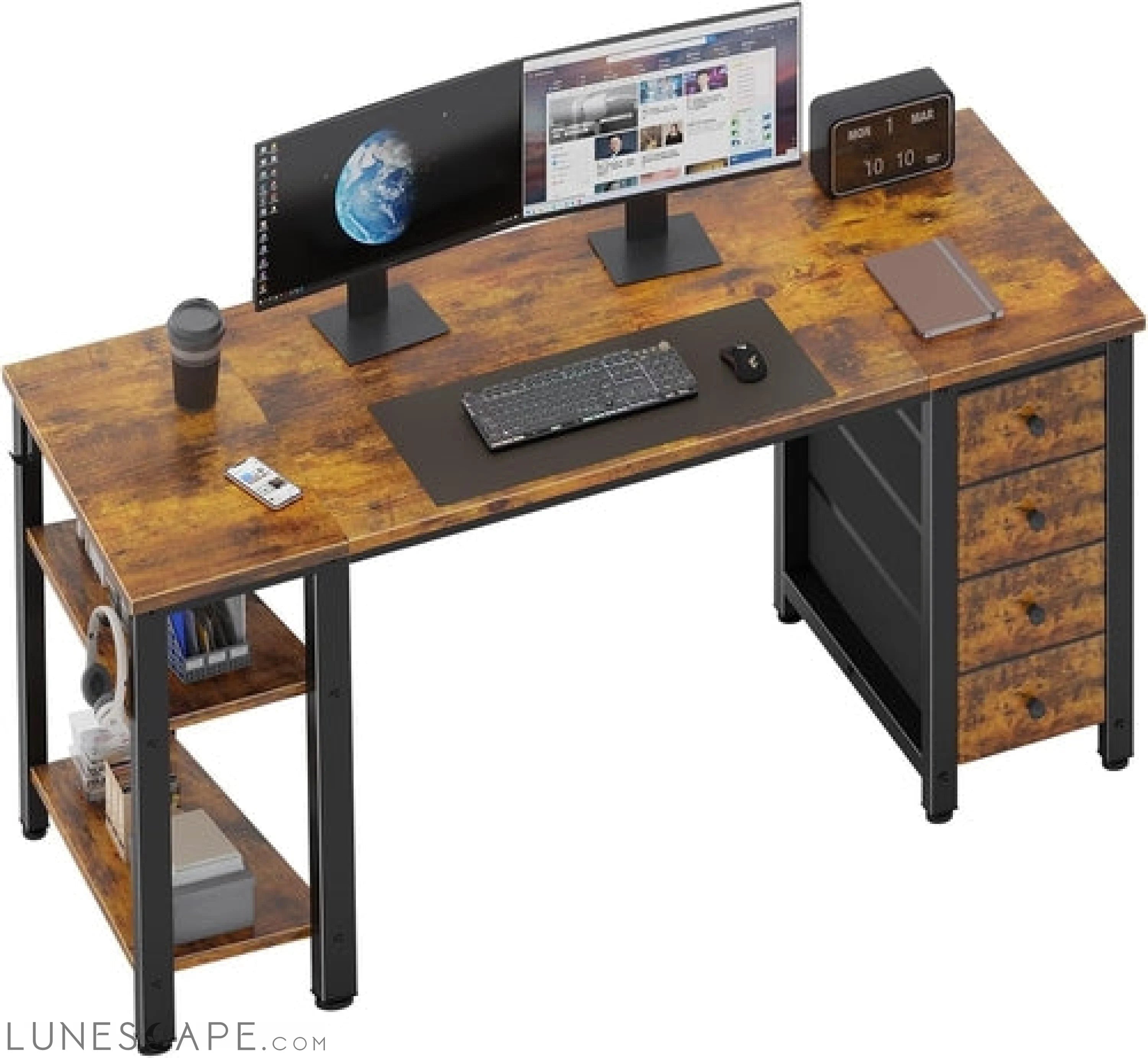 55 Inch Computer Desk with 4 Fabric Drawers & Storage Shelves, Writing LUNESCAPE
