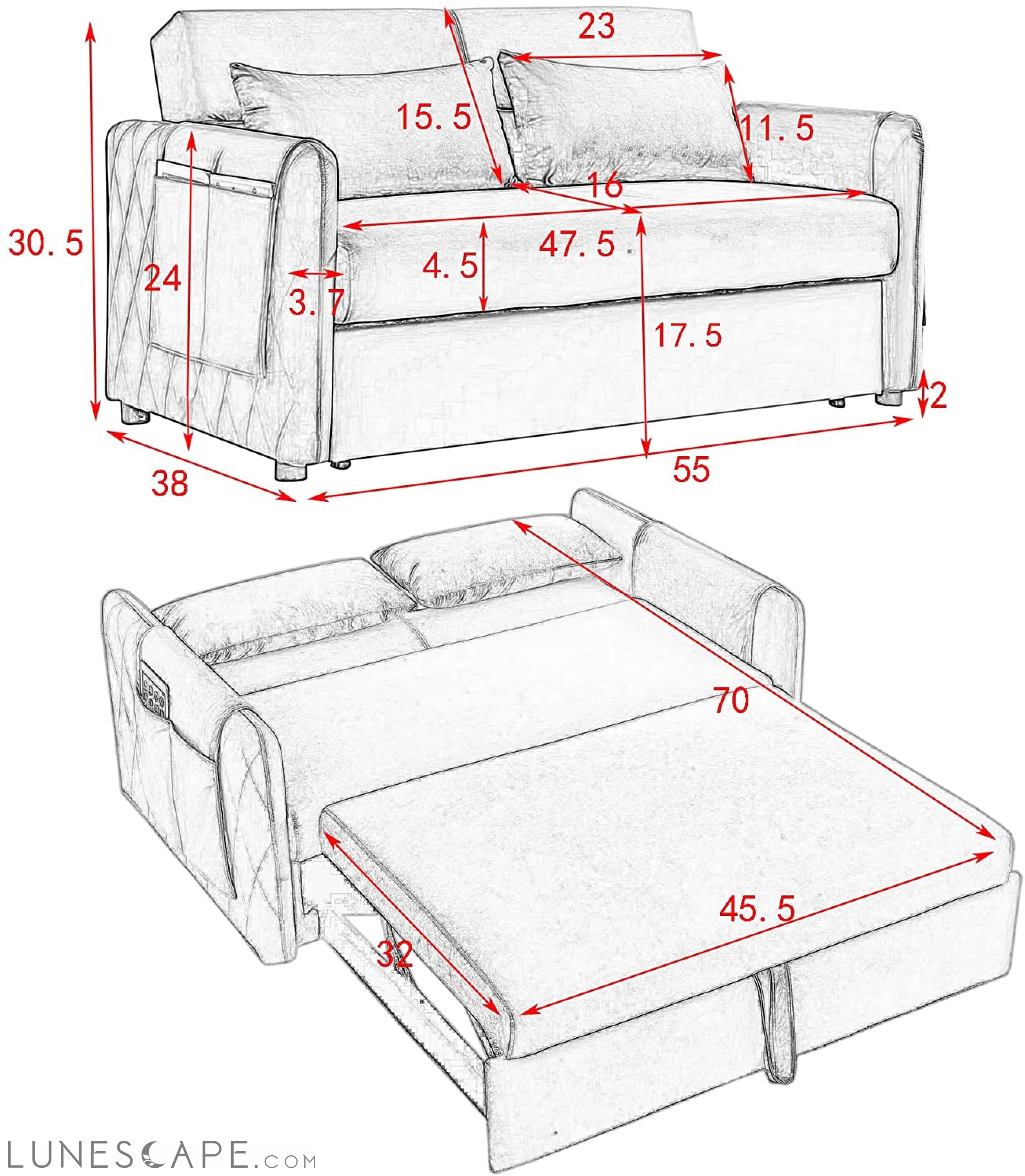 55″ Velvet Convertible Sofa Bed with Adjustable Backrest LUNESCAPE