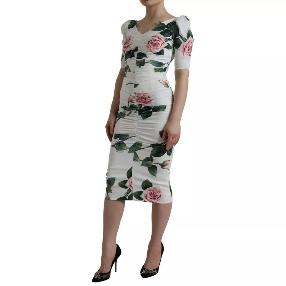 Dolce & Gabbana White Roses Print Stretch Silk Pleated Dress LUNESCAPE