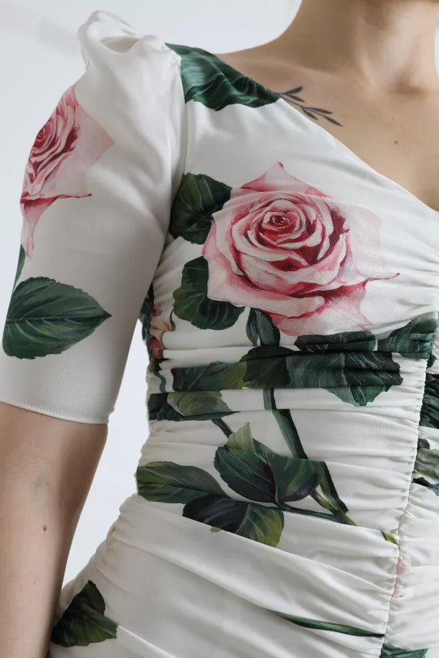 Dolce & Gabbana White Roses Print Stretch Silk Pleated Dress LUNESCAPE